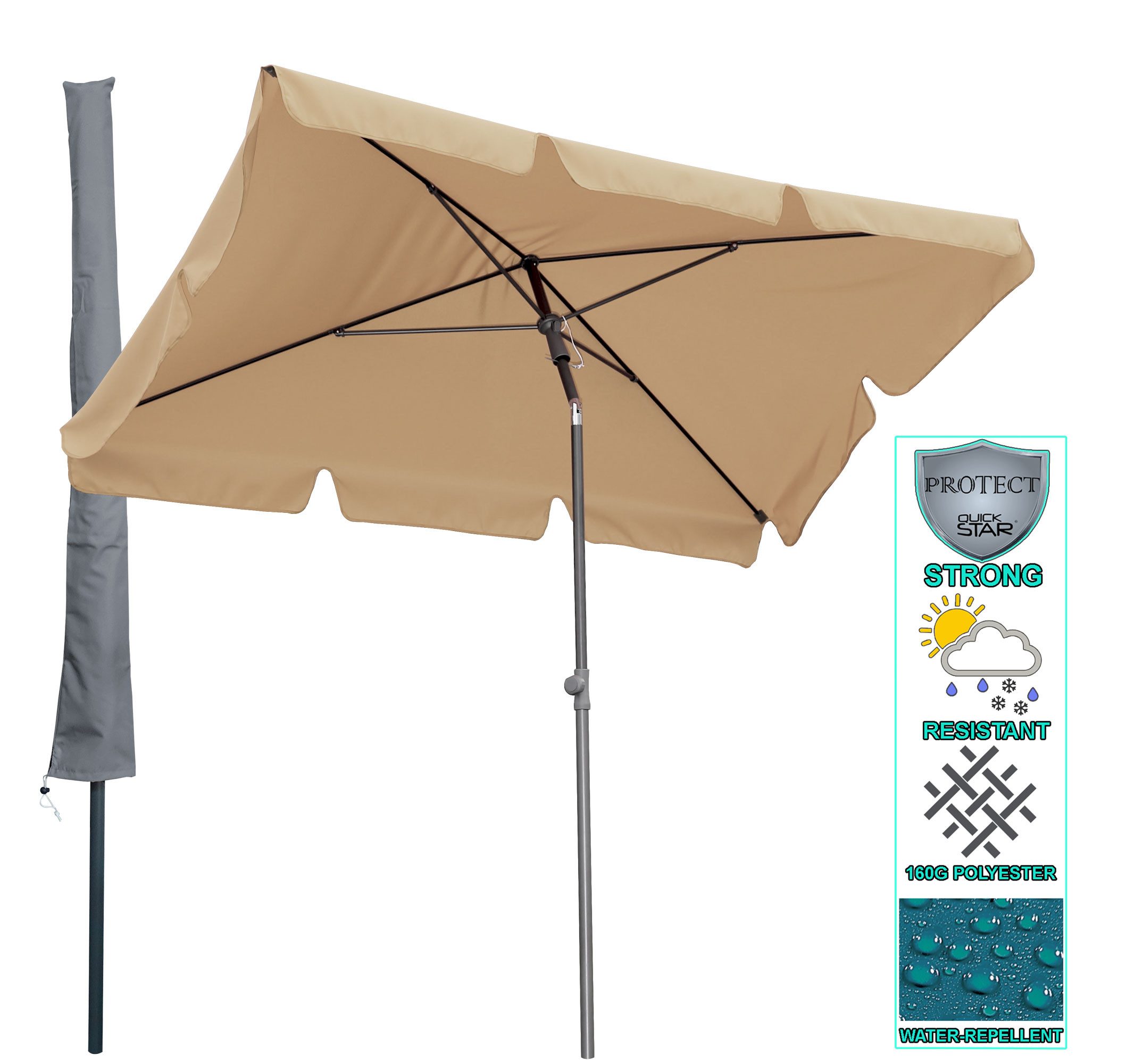 Quick Star Sonnenschirm Sonnenschirm 2x1,25m Rechteckig inklusive Schutzhülle, LxB: 125x200 cm, Mit Schutzhülle, Abknickbar, Drehbar, Höhenverstellbar