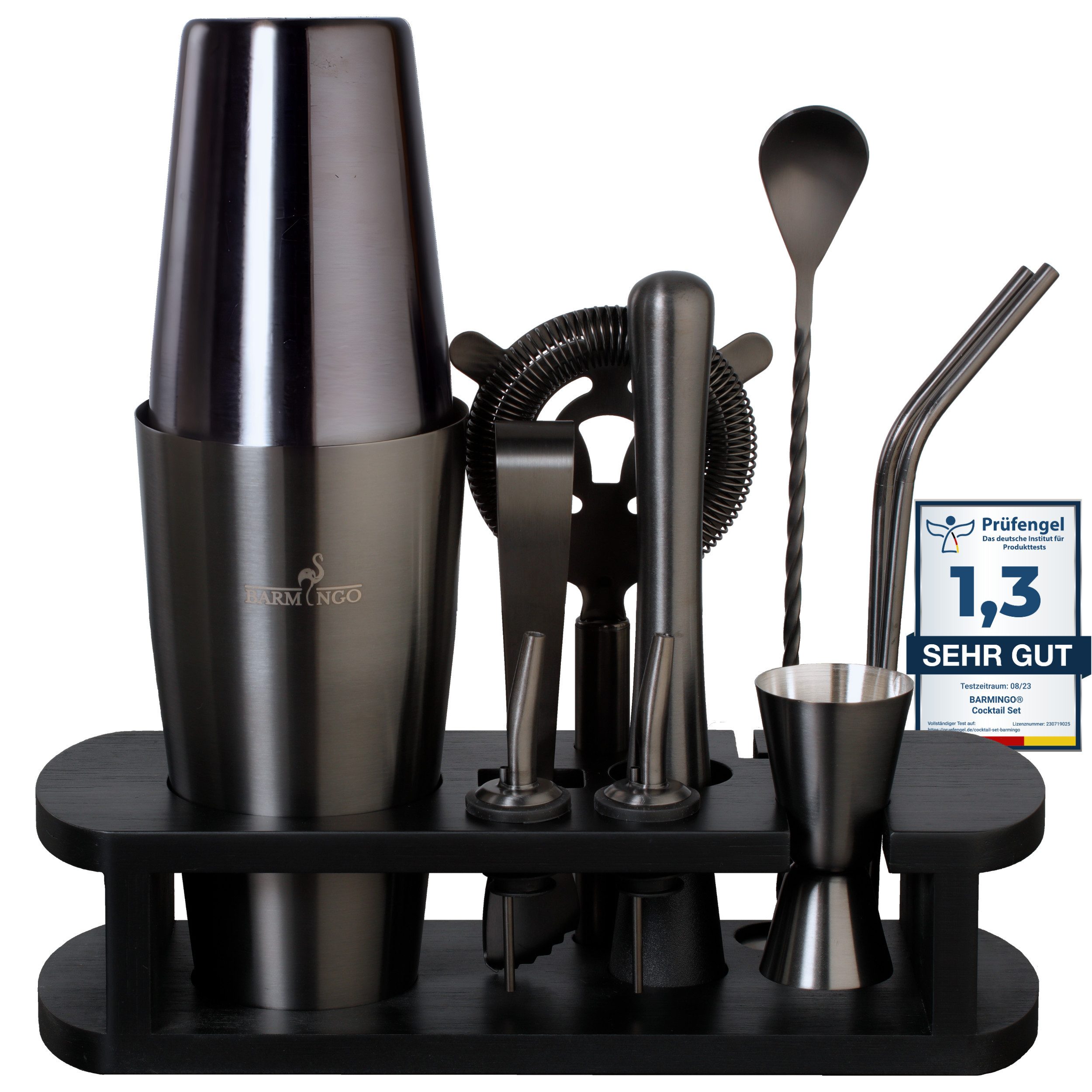 BARMINGO Cocktail-Set Edelstahl Boston Cocktail Shaker Set (825 ml) mit Bar Zubehör, (Cocktailshaker Set, 11-tlg., Für Profis und Anfänger), Cocktail Zubehör mit hochwertigem Bambusständer