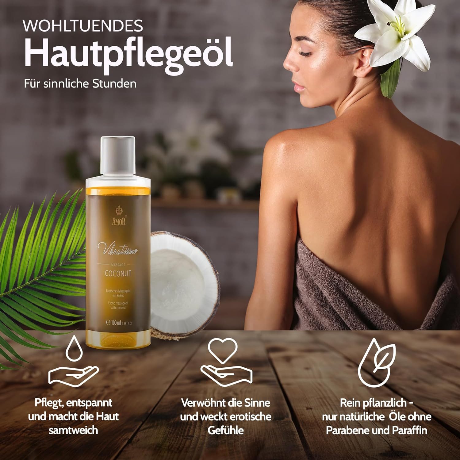 Vibratissimo Massageöl Coconut, exotisches Massageöl mit exotischem Kokos Duft