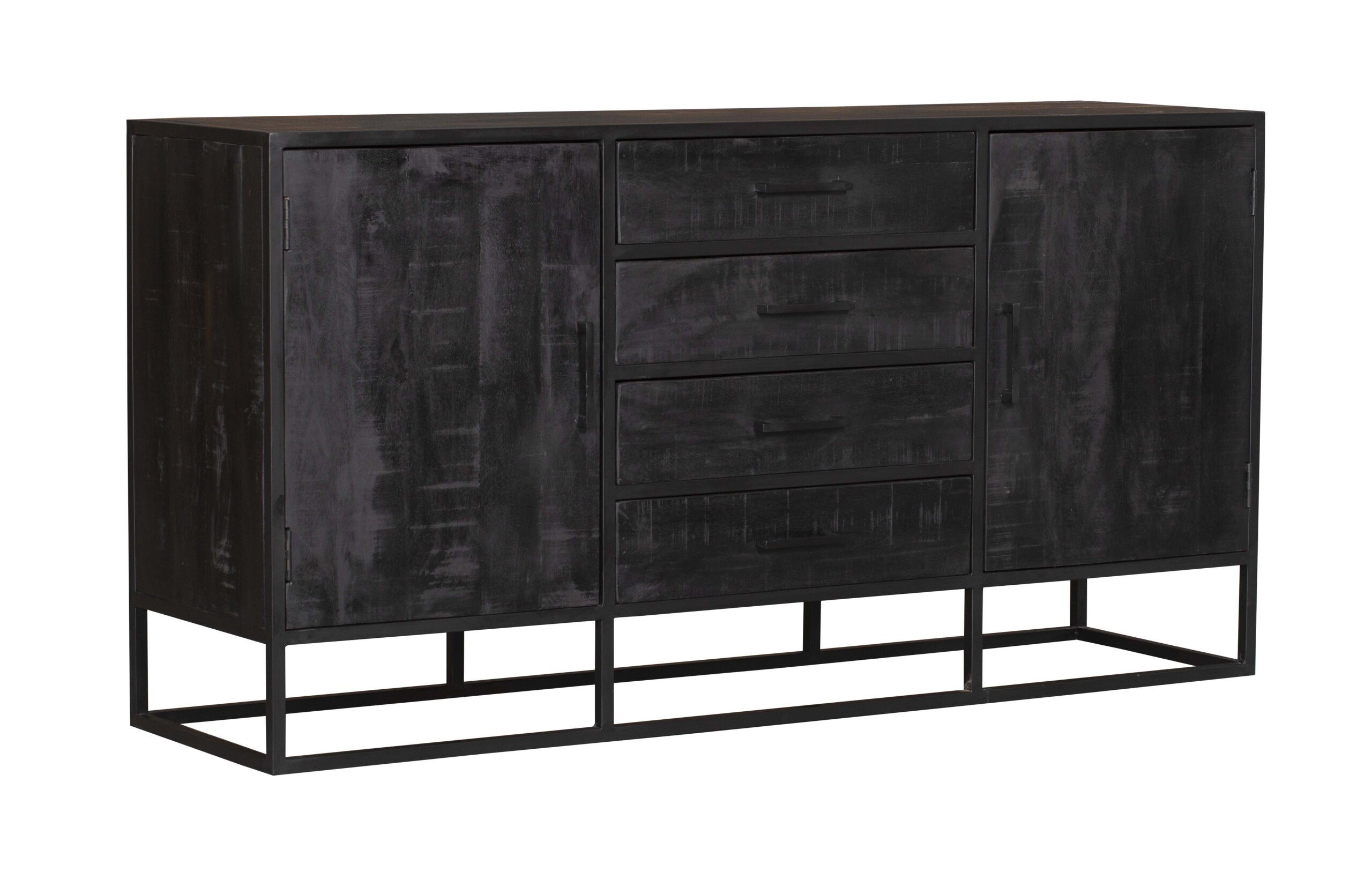 BENEDO MÖBEL Sideboard Delta Schwarz, Kommode Mangoholz, 4 Schubladen & 2 Türen, 164x45x85 cm