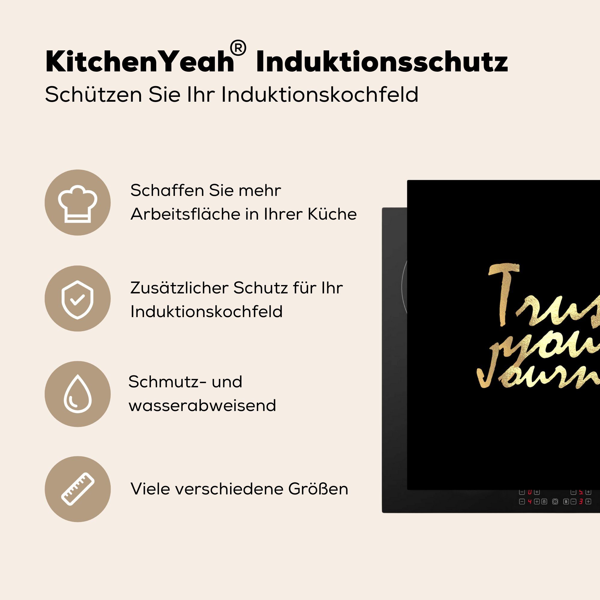 küche Zitate - - cm, - Herdblende-/Abdeckplatte Schwarz Arbeitsplatte (1 Ceranfeldabdeckung, 78x78 Vinyl, Reisen Gold, tlg), für MuchoWow