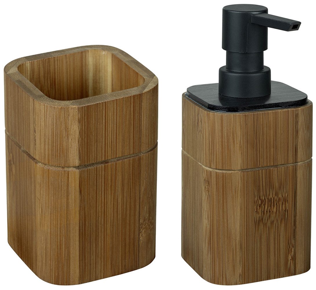 WENKO Badaccessoire-Set Modell Serro, 2 tlg., Дозатори мила und Zahnbürstenhalter aus stabilem Bambus