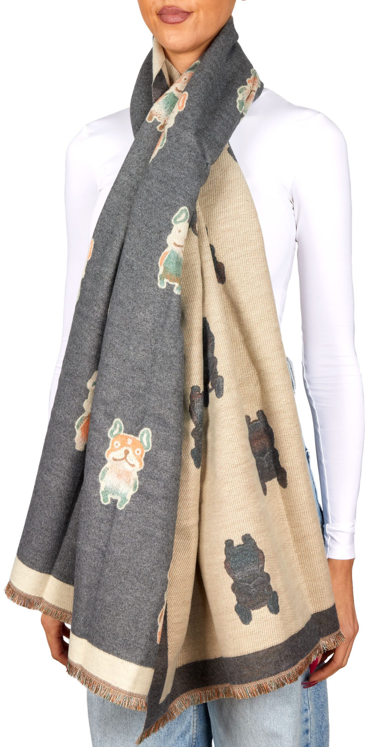BRUBAKER Schal Cashmirillo Damen Schal - Französische Bulldogge - 70 x 200 cm, (Weiches Kaschmir-Gefühl, 1-St. Winterschal mit Hunde Muster), Warm & Kuschelig - Damenschal für Herbst & Winter - Herbstschal