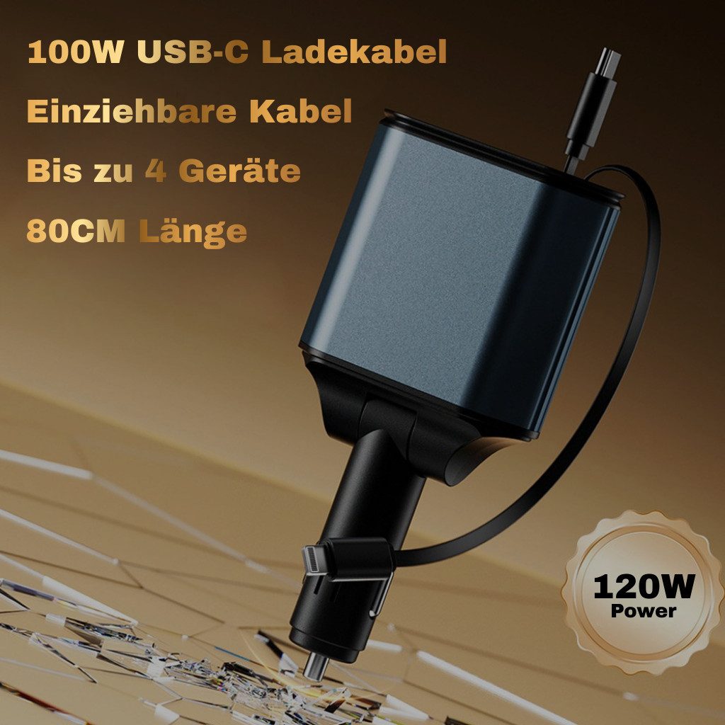 Alpha Electronics 120W Zigarettenanzünder USB C Schnell Ladegerät KFZ-Adapter Typ C zu USB Typ A, Lightning, 80 cm, Breite Kompatibilität, 2 Ausziehbare Kabel