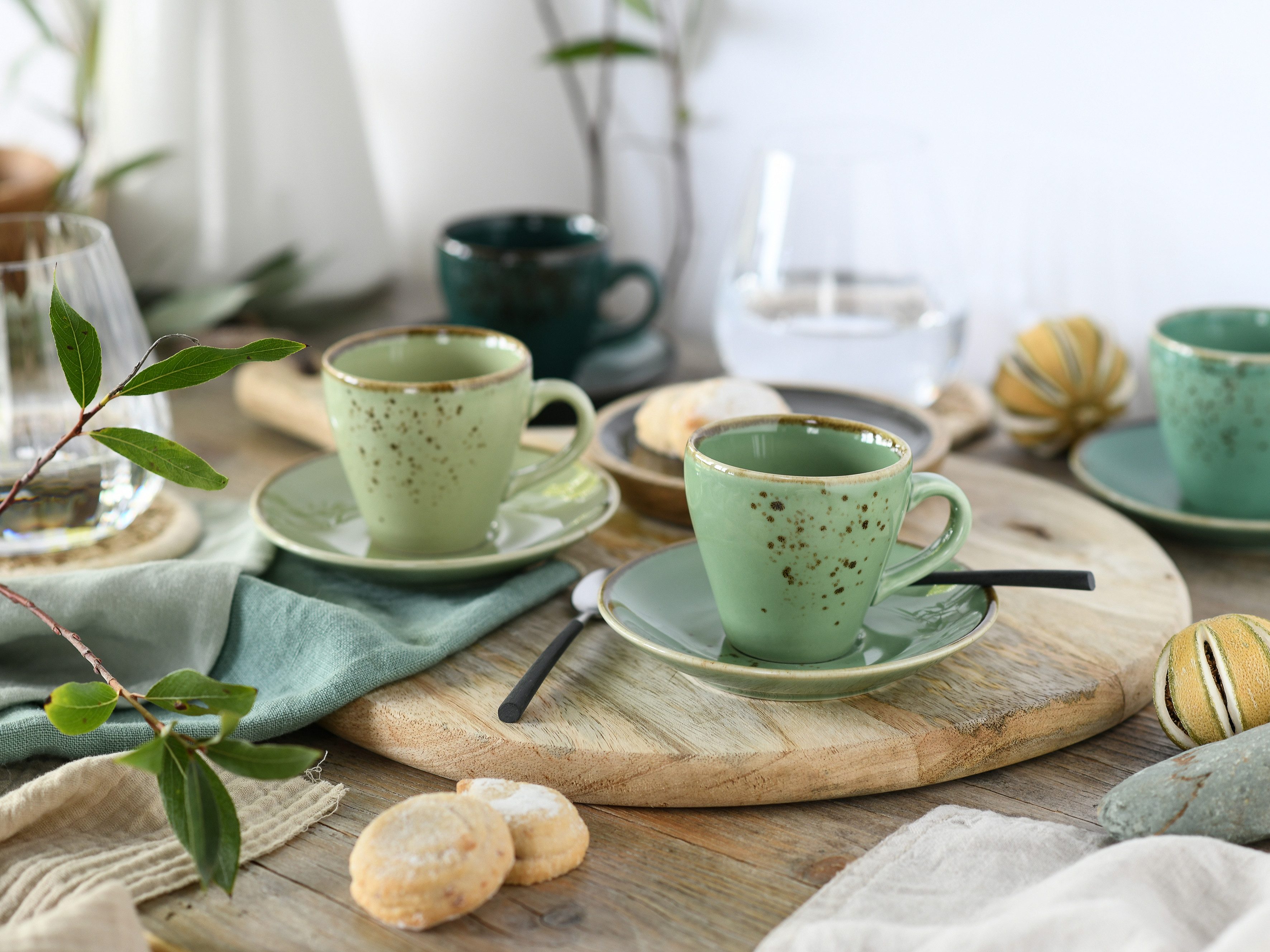 CreaTable Espressotasse Nature Collection Green Life, Espresso-Set, 8-tlg., 8-tlg., Steinzeug, Handwerklicher Look, Vintage