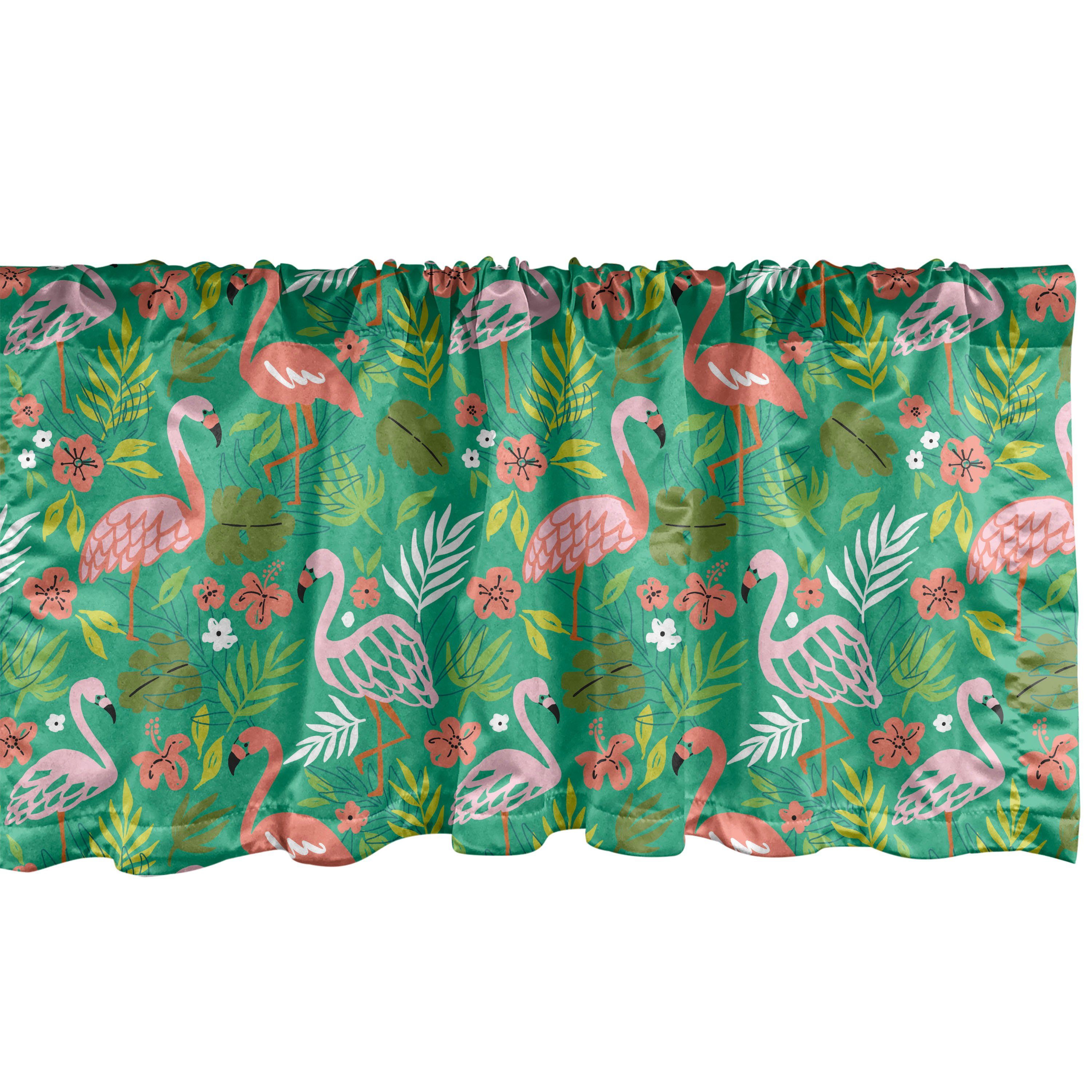 Küche Dekor Vorhang Tropisch Flamingos Botanik Volant mit Stangentasche, für Microfaser, Abakuhaus, Karibik Schlafzimmer Scheibengardine