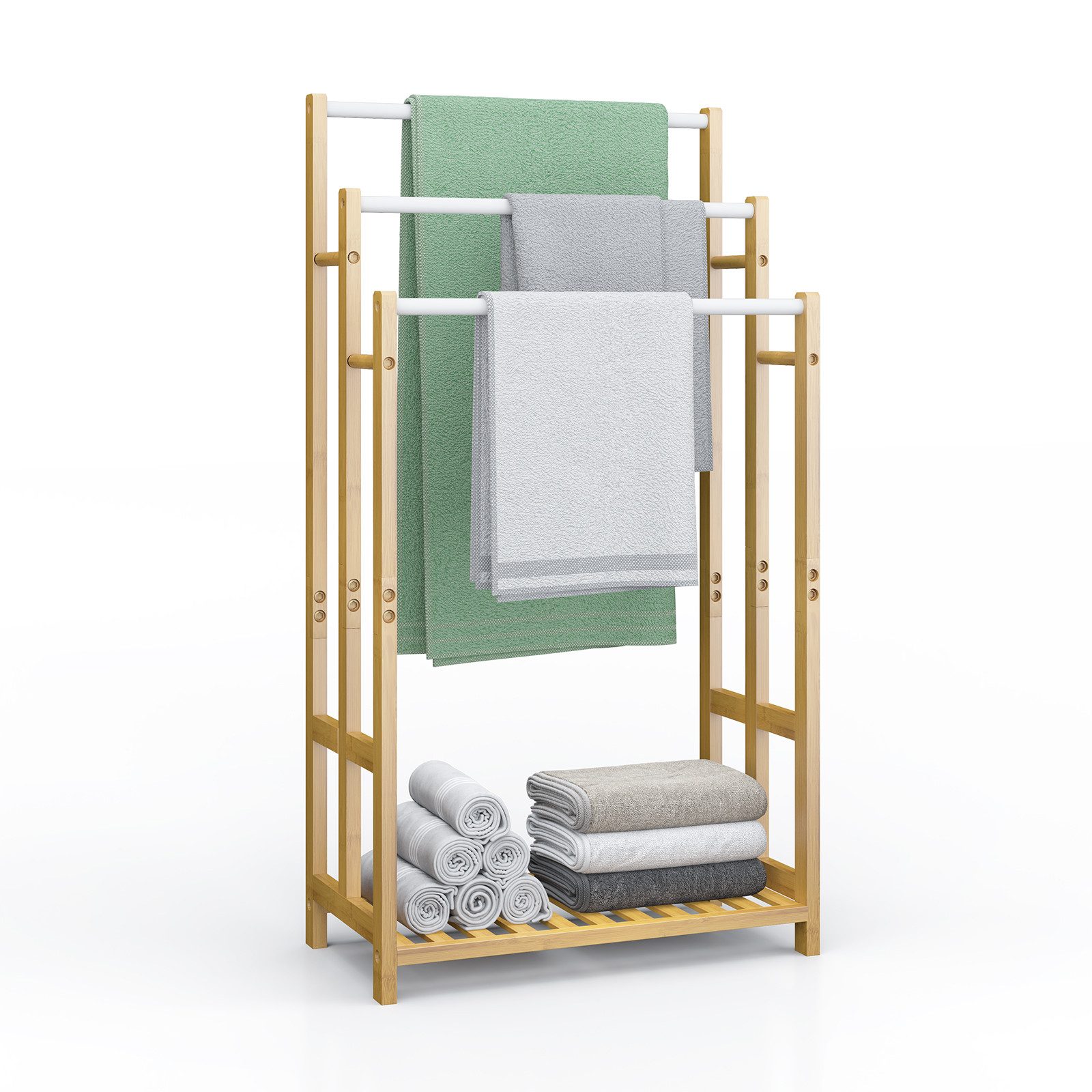 OUNUO Handtuchständer Freistehend aus Bambus Badetuchhalter mit 3 Edelstahl günstig online kaufen