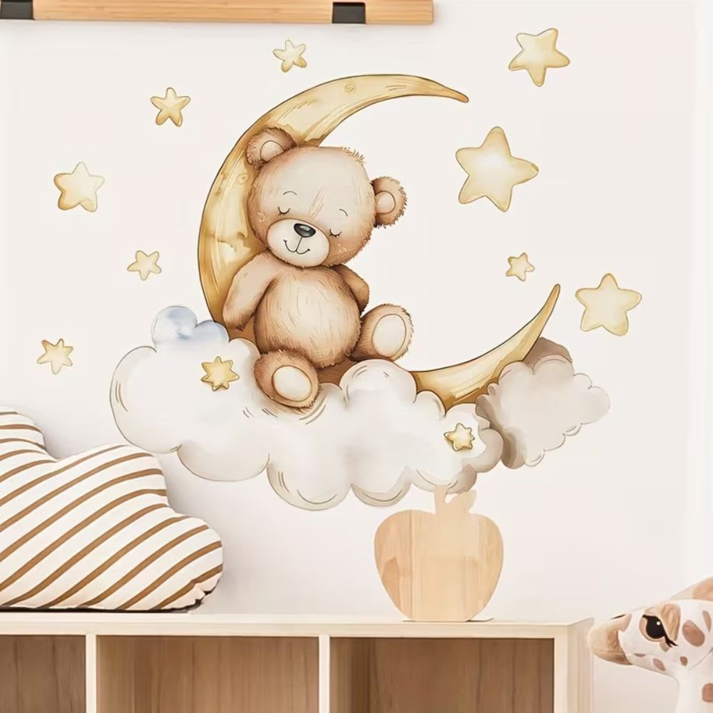 Montegoni Wandsticker Teddybär Mond Wandsticker Babyzimmer Wolken Sterne Wandtattoo (Einzelmotiv Wandsticker, 1er Set Teddybär Mond Wandsticker), Selbstklebend, Ablösbar, Glänzend, Mehrteilig, Dekorativ