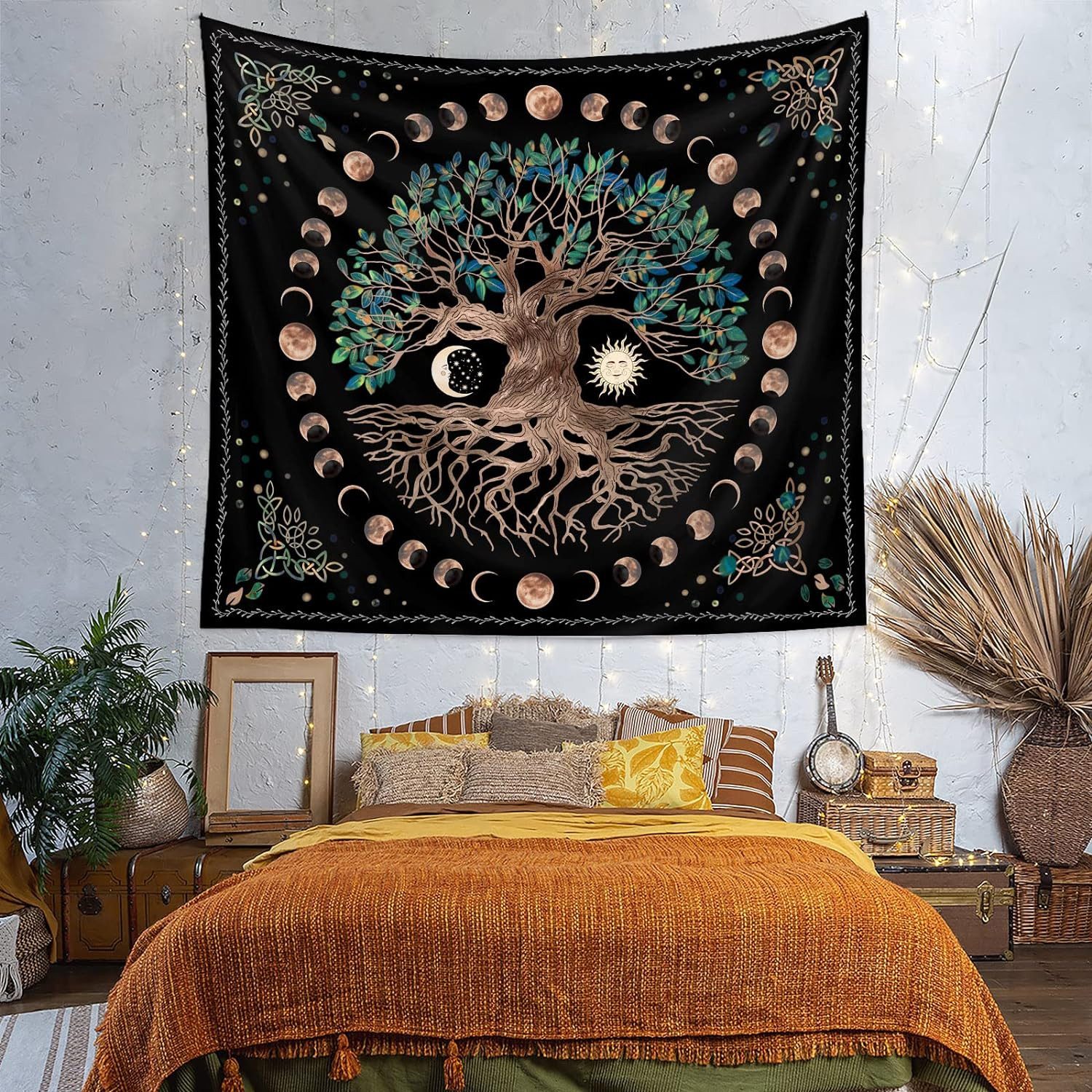 TUWENA Wandteppich Baum des Lebens Mondphasen Tapestry Psychedelisches Mandala Wandbehang