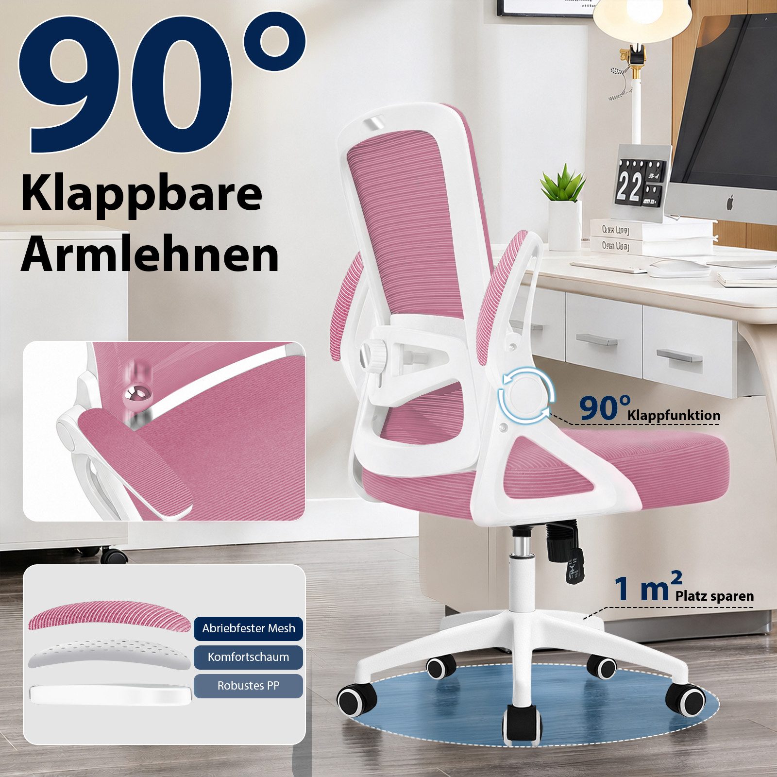 Hoolamyie Bürostuhl Schreibtischstuhl mit klappbaren Armlehnen & 2D-Lendenstütze (Atmungsaktiver Mesh-Rücken mit Lendenstütze, Wippfunktion, gepolsterten Klappa – Bild 5 von 5