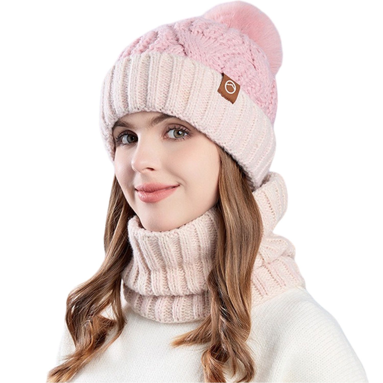 Mütze & Schal Winter warme Strickmütze Schlauchschal mit Kontrastfarben und Bommel