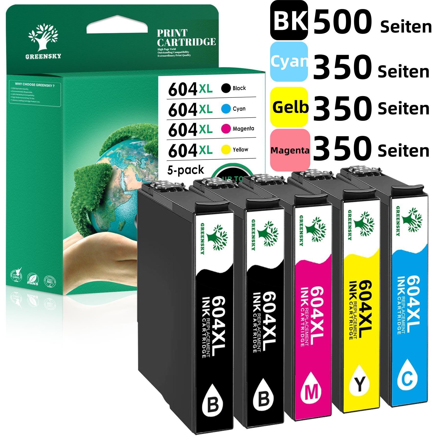 Greensky 5PK 604 XL für EPSON 604XL Druckerpatronen Tintenpatrone (WF-2910DWF WF-2930DWF WF-2935DWF WF-2950DWF, 5-tlg., XP-2200 XP-2205 XP-3200 XP-3205 XP-4200 XP-4205)