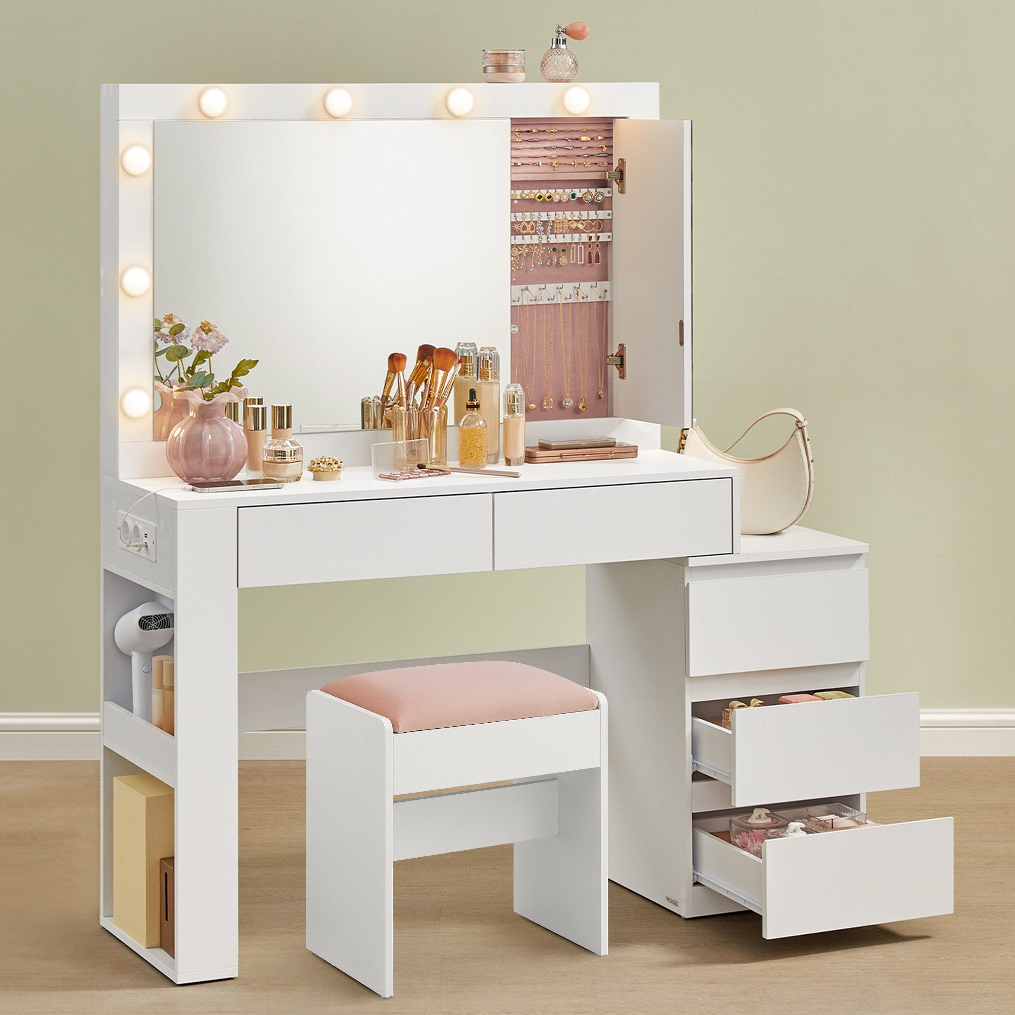 VASAGLE Schminktisch Frisiertisch mit Spiegel, Schmuckschrank, Steckdosenle günstig online kaufen