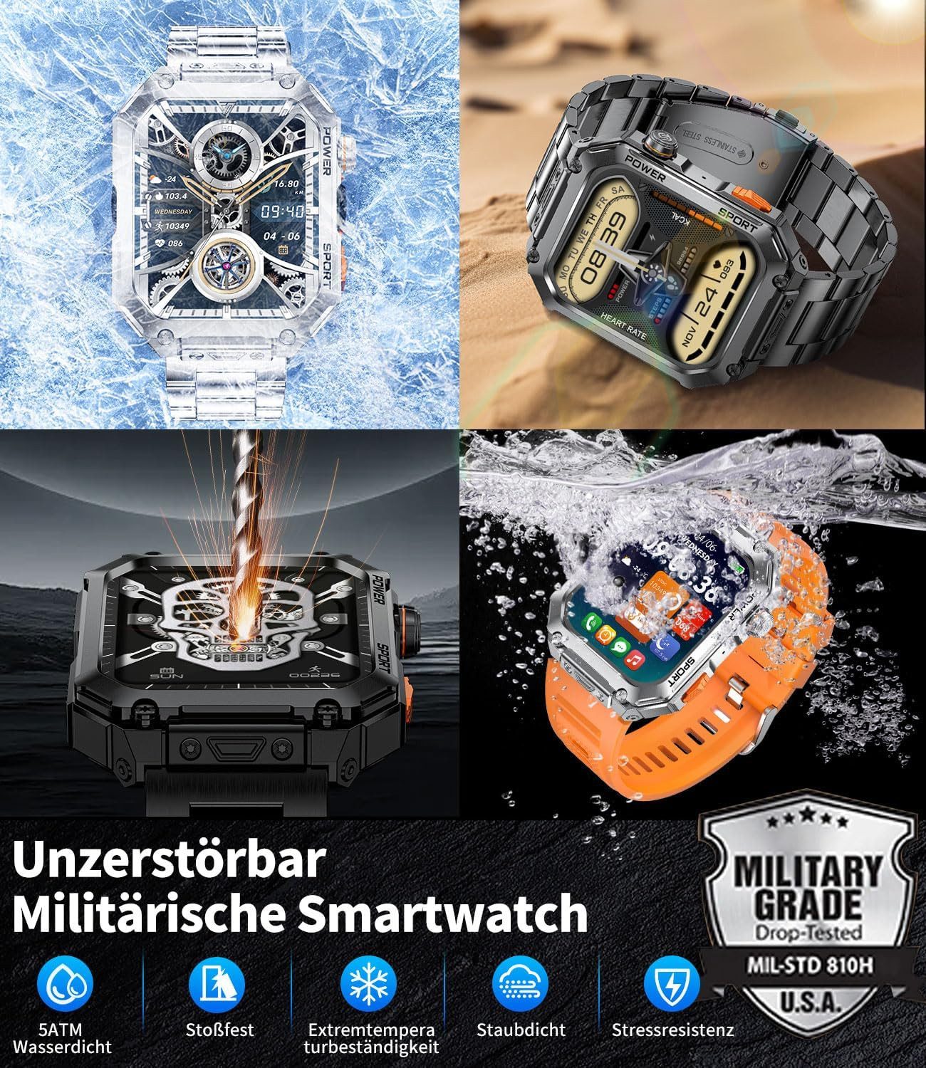 Lige ‎ EF2-I PRO Smartwatch (4,9 cm, android ios), Herren Outdoor Smartwatch 1.96 Zoll Display mit 100+ Sportmodi