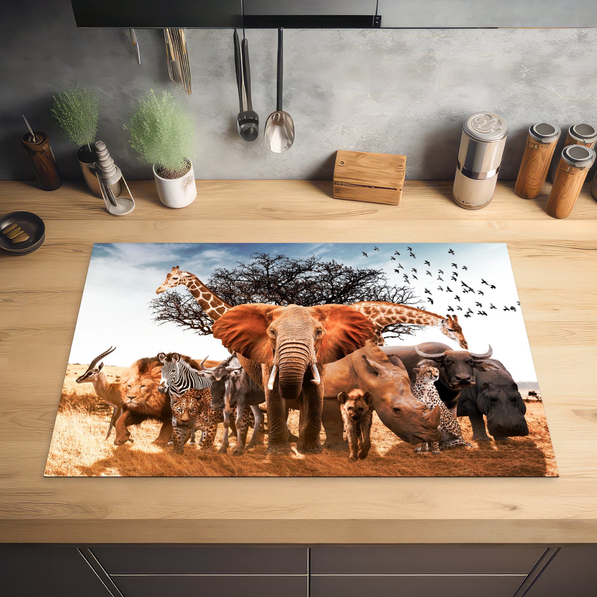 MuchoWow Herdblende-/Abdeckplatte Tiere 81x52 cm, - Schutz tlg), küche, - Vinyl, Giraffe für (1 Induktionskochfeld die Ceranfeldabdeckung Elefant