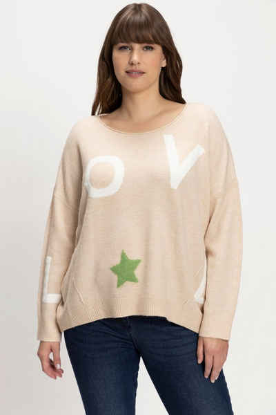 Ulla Popken Strickpullover Strickpullover Schrift Oversized Rundhals Langarm