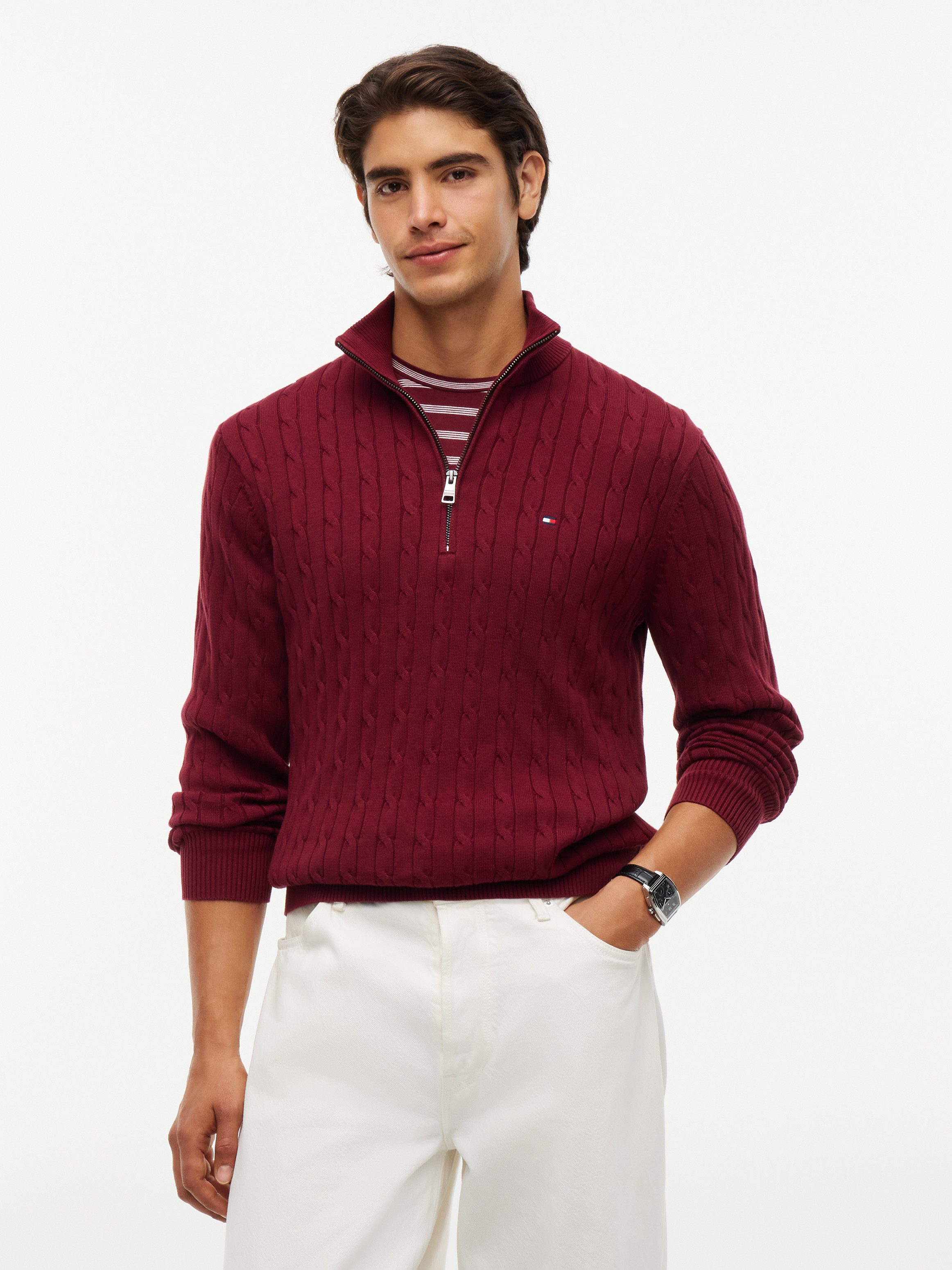 Tommy Hilfiger Strickpullover CLASSIC COTTON CABLE ZIP MOCK mit modischem Zopfmuster
