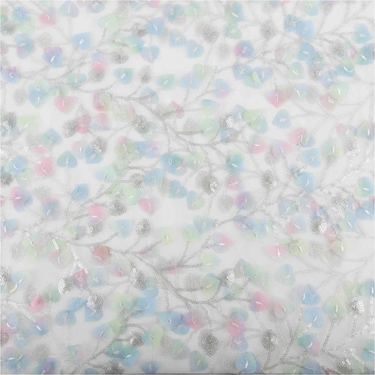 SCHÖNER LEBEN. Stoff Mesh Stoff Blätter Mini-Pailetten pastell silber 1,34m Breite