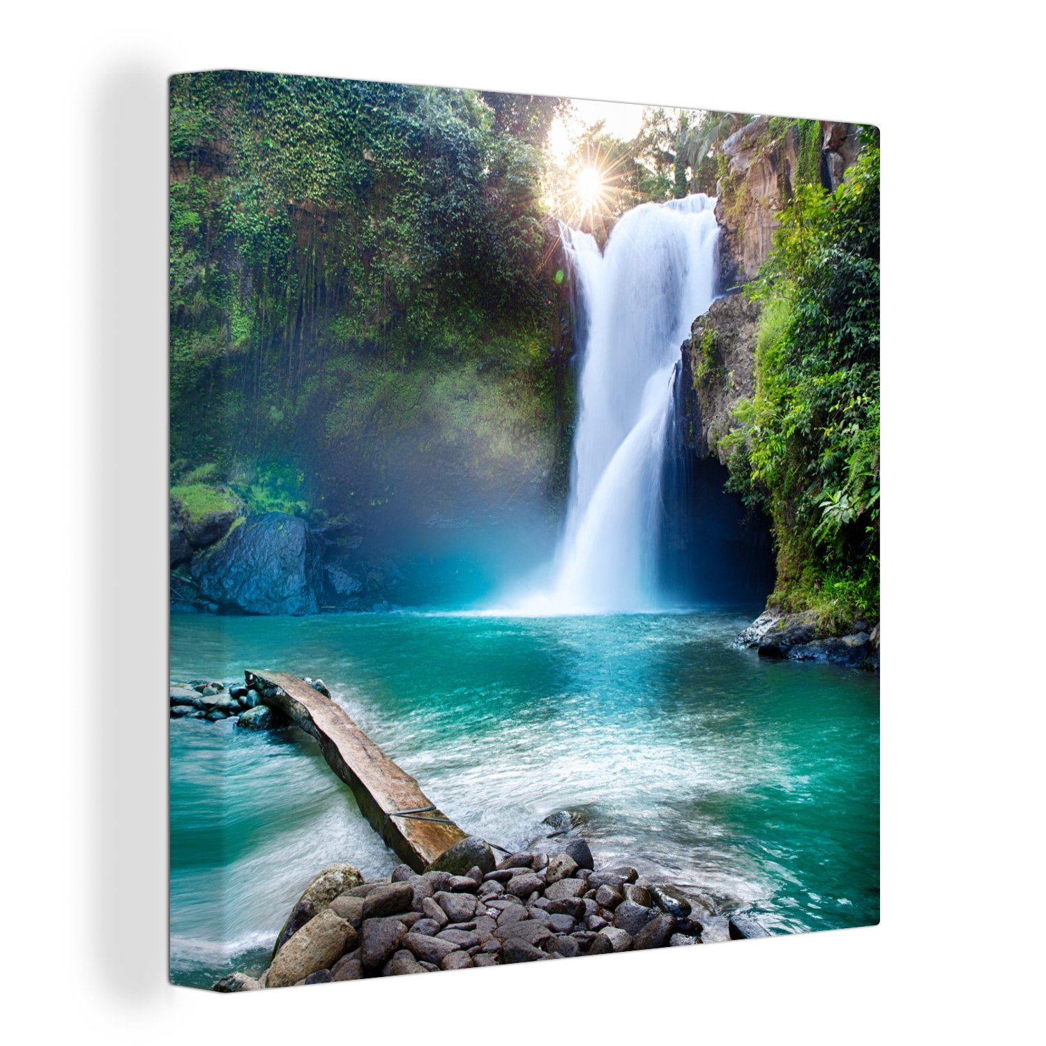 OneMillionCanvasses® Leinwandbild Wasserfall - Steine - Landschaft - Pflanzen - Wasser, (1 St), Leinwand Bilder für Wohnzimmer Schlafzimmer