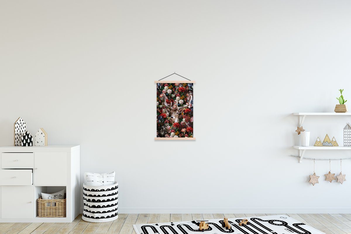 MuchoWow Poster Hirsche - Blumen - Geweihe, (1 St), Posterleiste, Textilposter für Wohnzimmer, Bilderleiste, Magnetisch