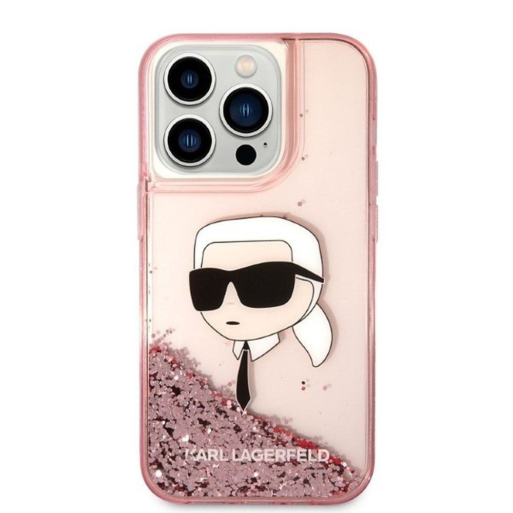 KARL LAGERFELD Handyhülle Schutzhülle Glitzerhülle Rückschale 6,1 Zoll, Flüssigglitzer, Karl's Head Motiv, stoßfest