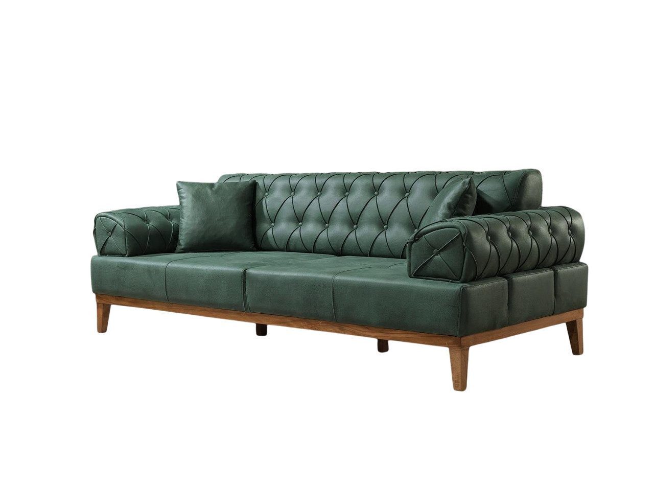 3-Sitzer Chesterfield Couch 3-Sitzer Grün Neu Stoff Holz 220cm