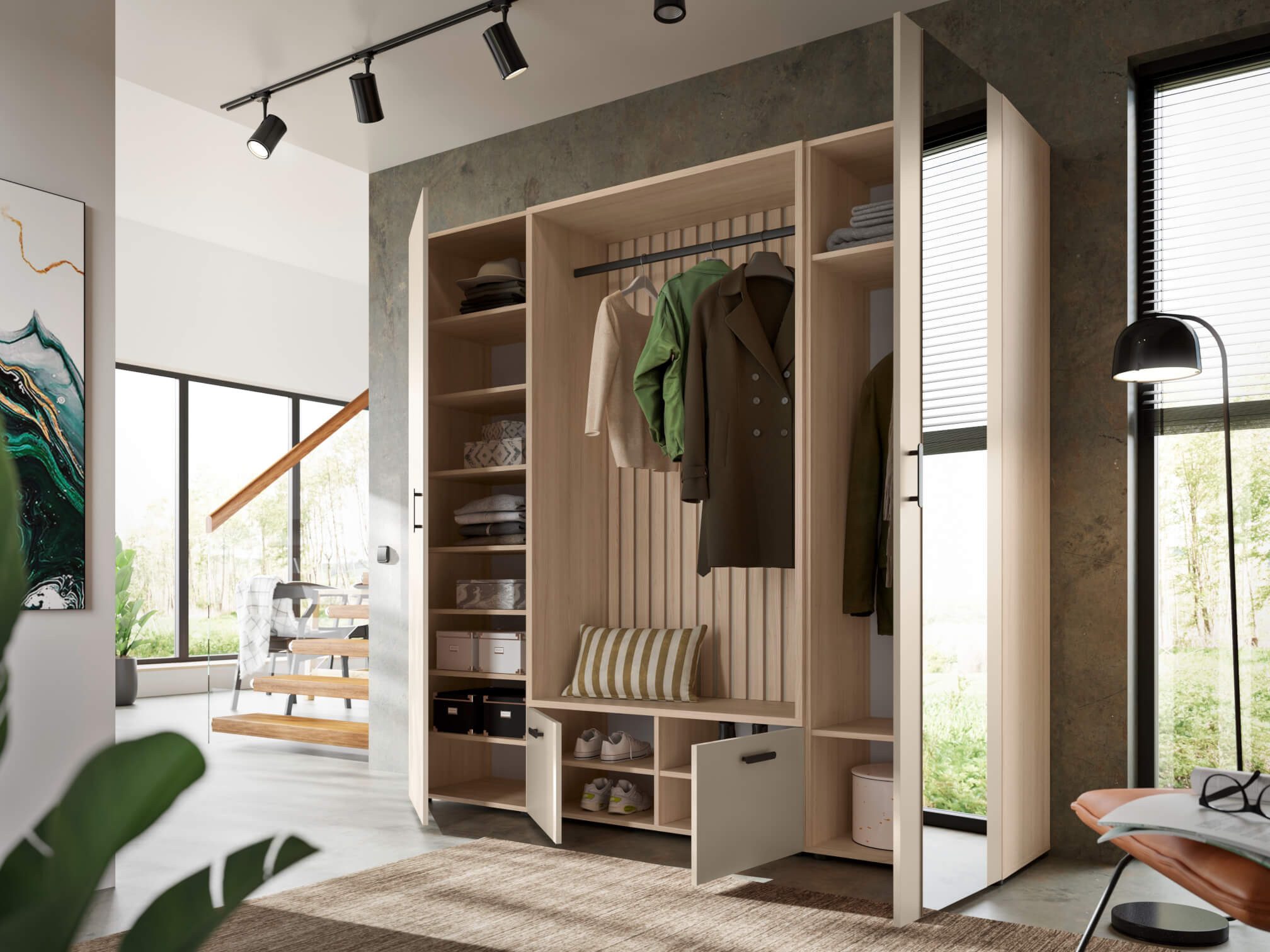 moebel-dich-auf Kompaktgarderobe MODENA (Set, 3-tlg., Sitzbank mit Paneel und 2 Garderobenschränken) 210 cm breit