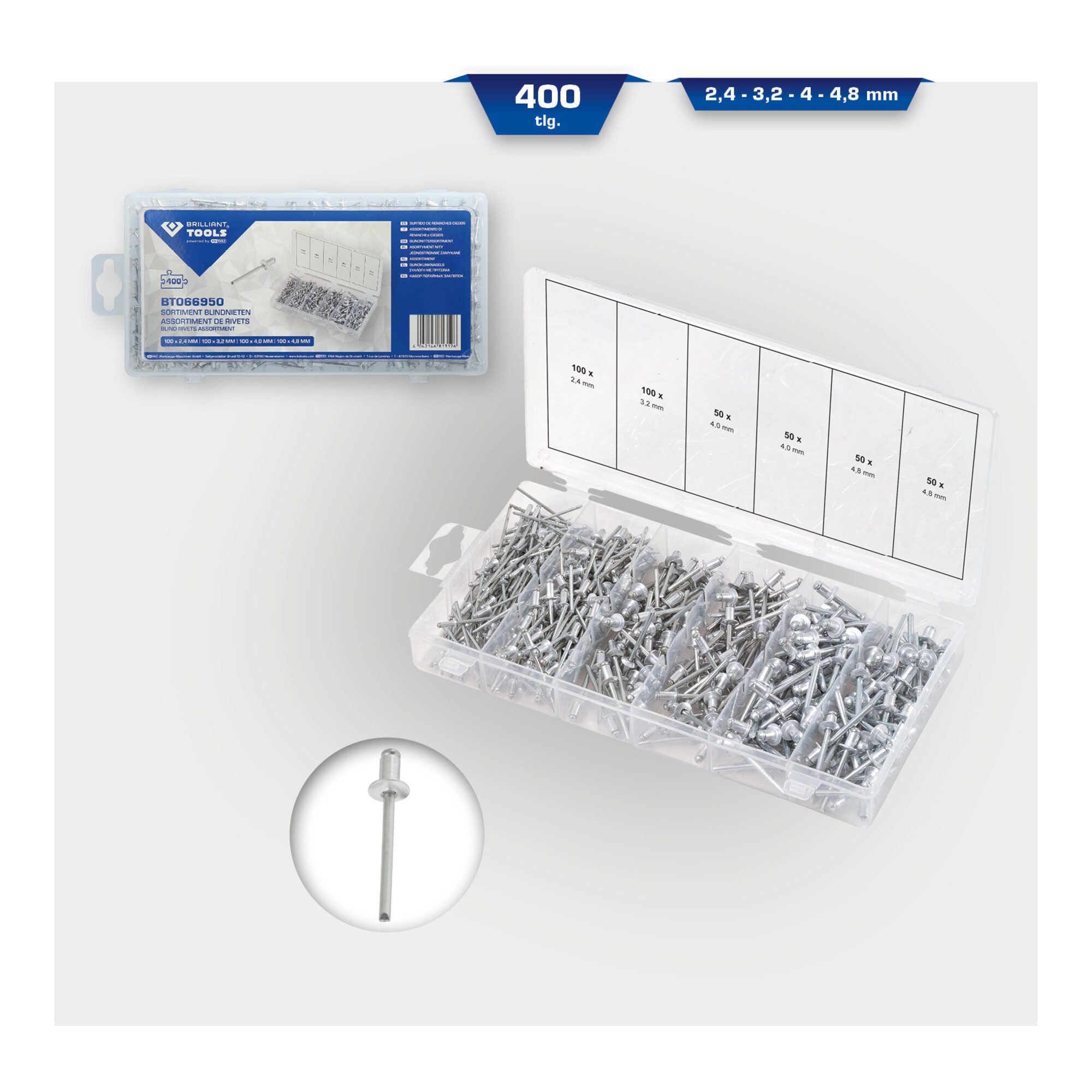 Brilliant Tools Blindniete Brilliant Tools Sortiment Blindnieten, 400-tlg, 2, 4 - 3, 2 - 4 - 4, 8