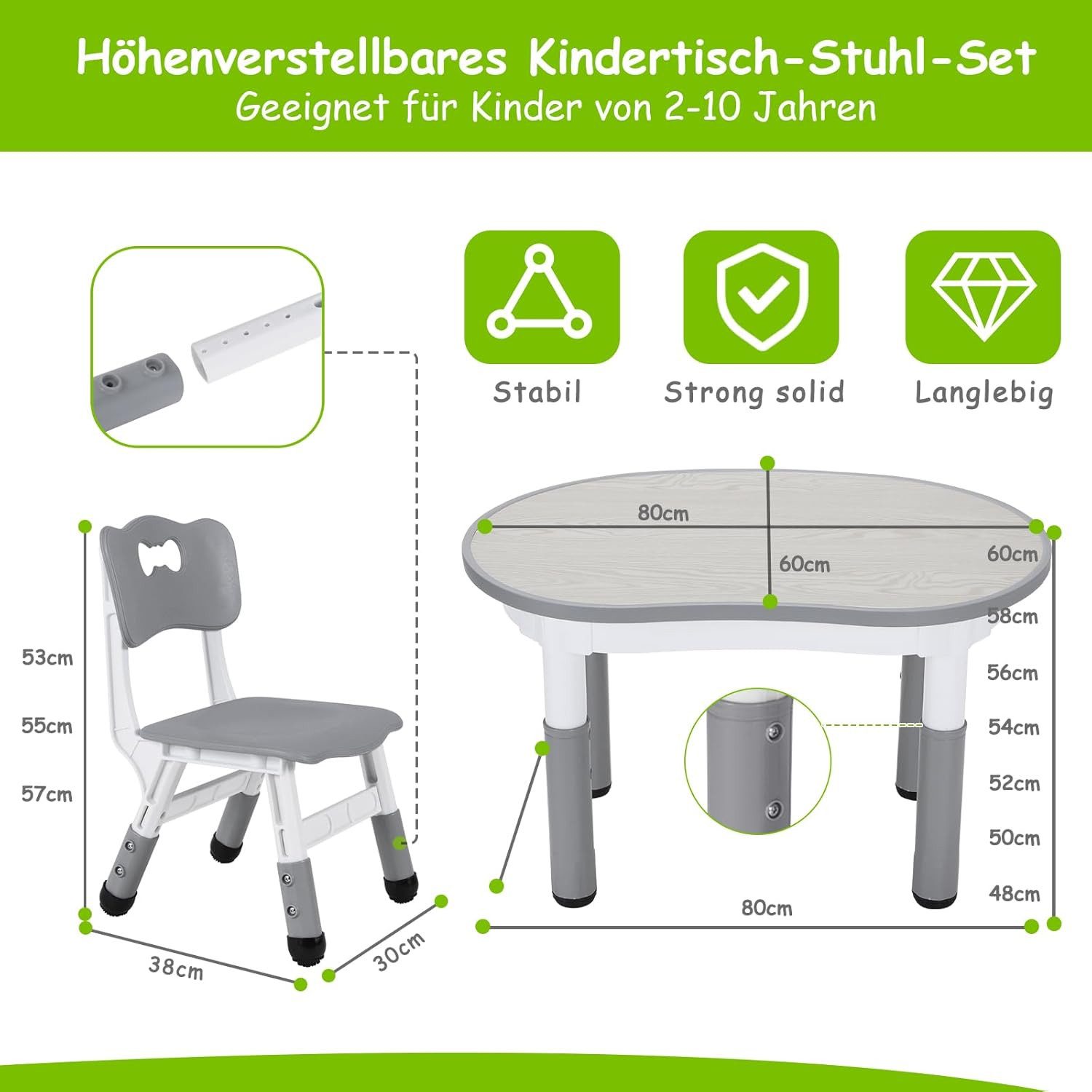 TLGREEN Kindertisch Kindersitzgruppe Höhenverstellbar, Maltisch Kinder Tisch Stuhl Set (Kindertisch und Stuhlset für Essen Spielen), Maltisch für Klassenzimmer  – Bild 5 von 5