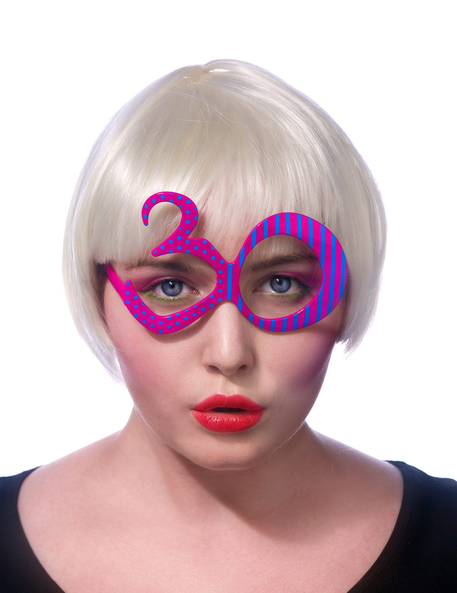 partydeco Kostüm, Partybrille für 30. Geburtstag gestreift und gepunktet Pink Blau
