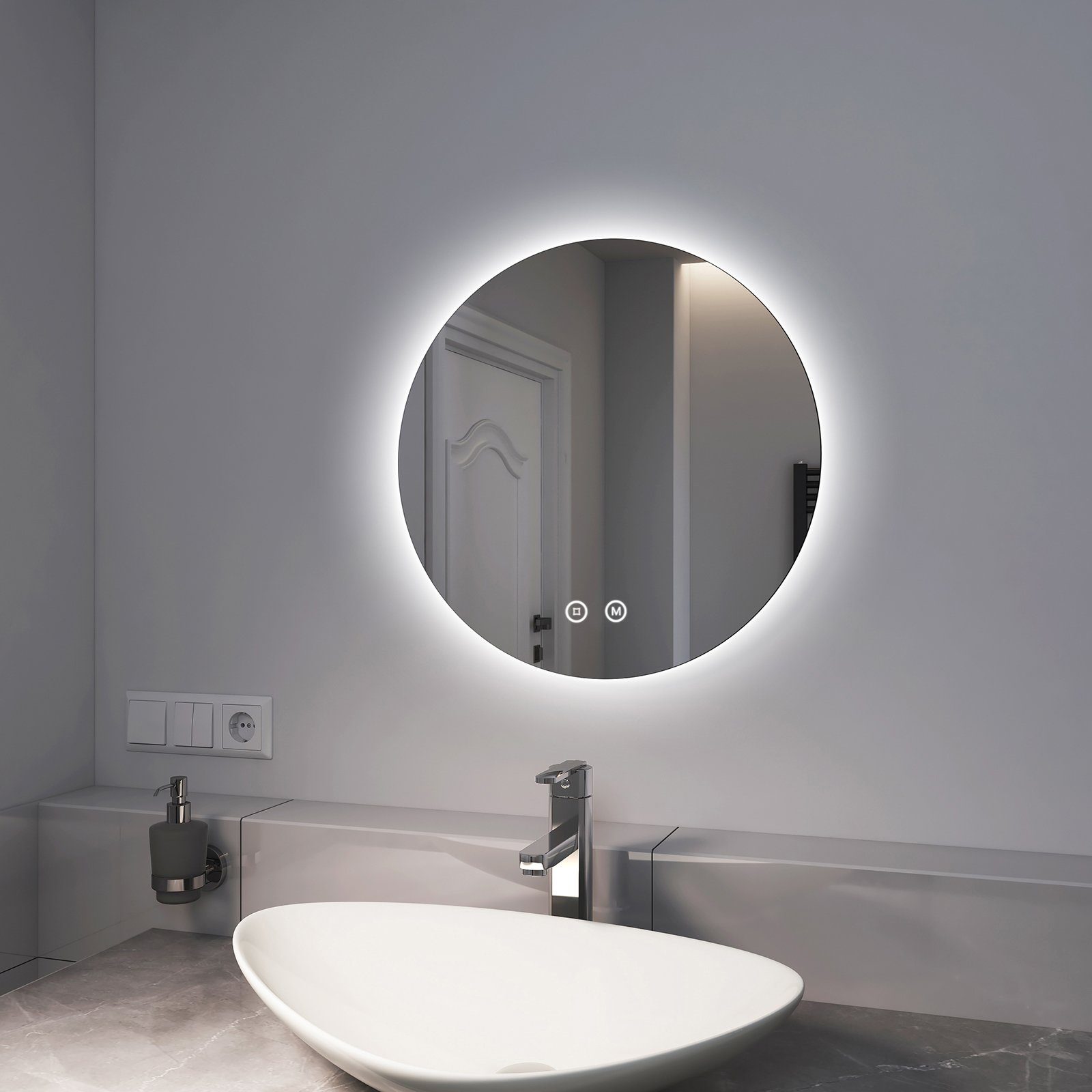 Touchschalter Badspigel mit Lichtfarbe EMKE Runder 3 Rahmenloser und Badspiegel mit Spiegel Spiegel, Dimmbar EMKE Beleuchtung