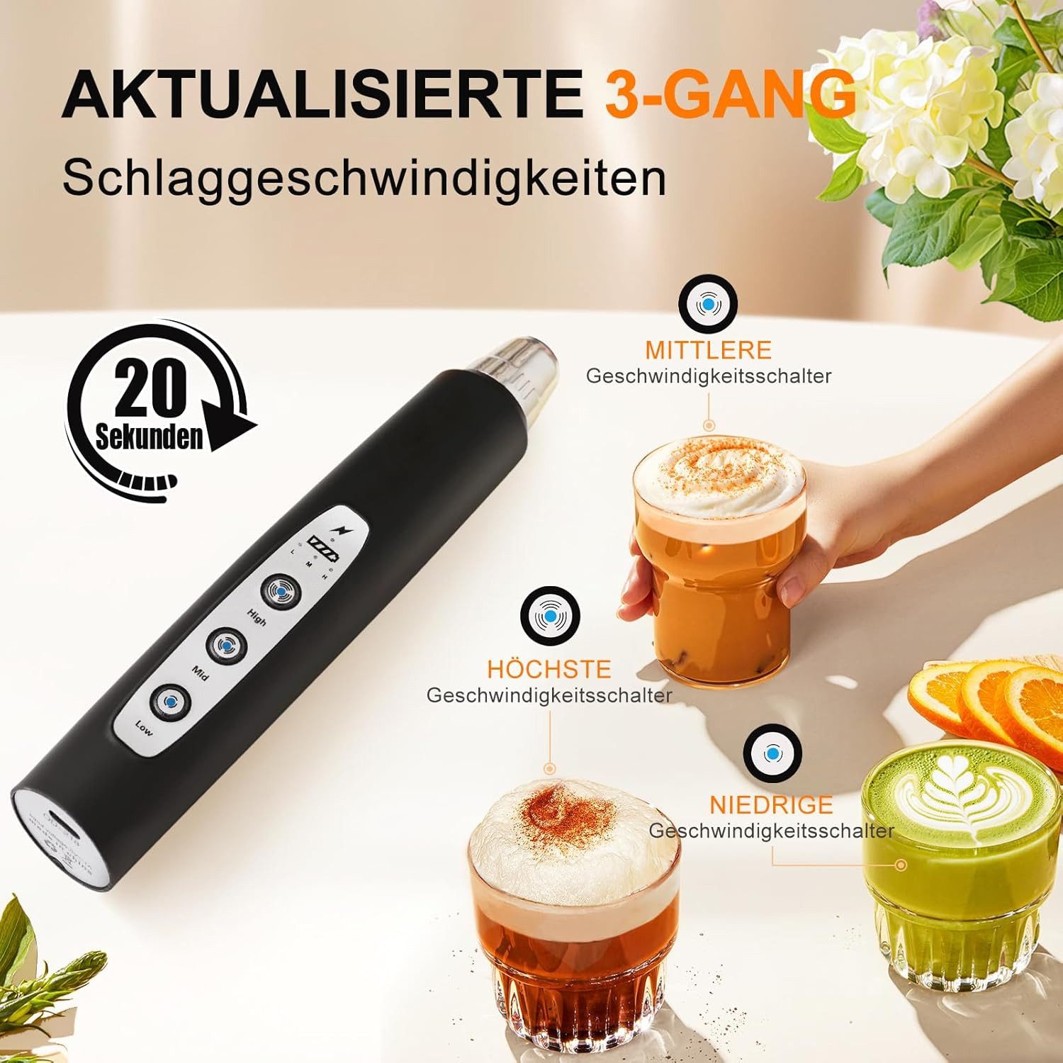 TUWENA Milchaufschäumer Wiederaufladbarer Aufschäumer, 3 Schneebesen-Köpfe 3 Geschwindigkeiten, Elektrisch für Kaffee Milchkaffee, Cappuccino, Getränkepulver