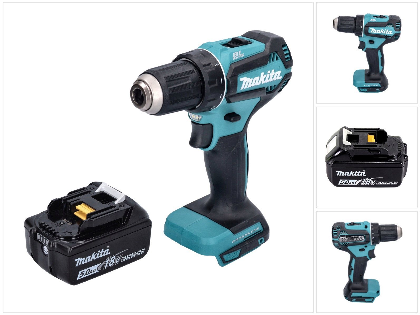 Makita Akku-Schrauber DDF 485 T1 Akku Bohrschrauber 18 V 50 Nm Brushless + 1x Akku 5,0 Ah -