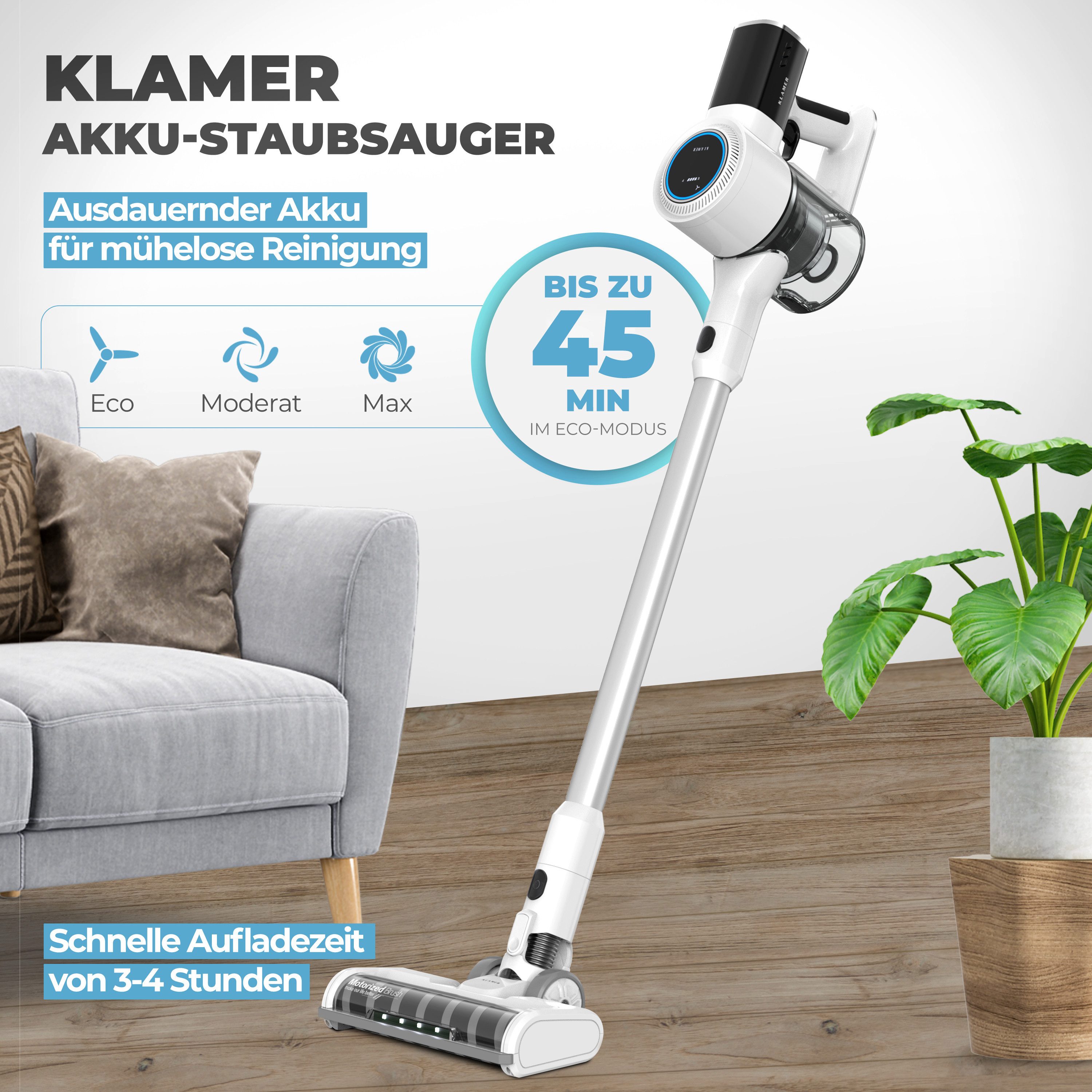 KLAMER Akku-Hand-und Stielstaubsauger 420 Watt Kabelloser, 2 Akkus, Flexibler Handstaubsauger mit verschied…, 420 W, beutellos, 25,2V Akku, LED Display & Frontlicht, Leichte Steuerung, 3 Aufsätze