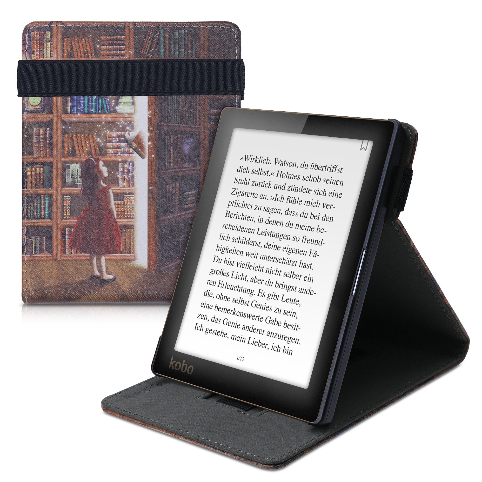 kwmobile E-Reader-Hülle, Hülle für Kobo Aura Edition 1 - Schlaufe Ständer -  e-Reader Schutzhülle - Flip Cover Case - Magische Bibliothek Design