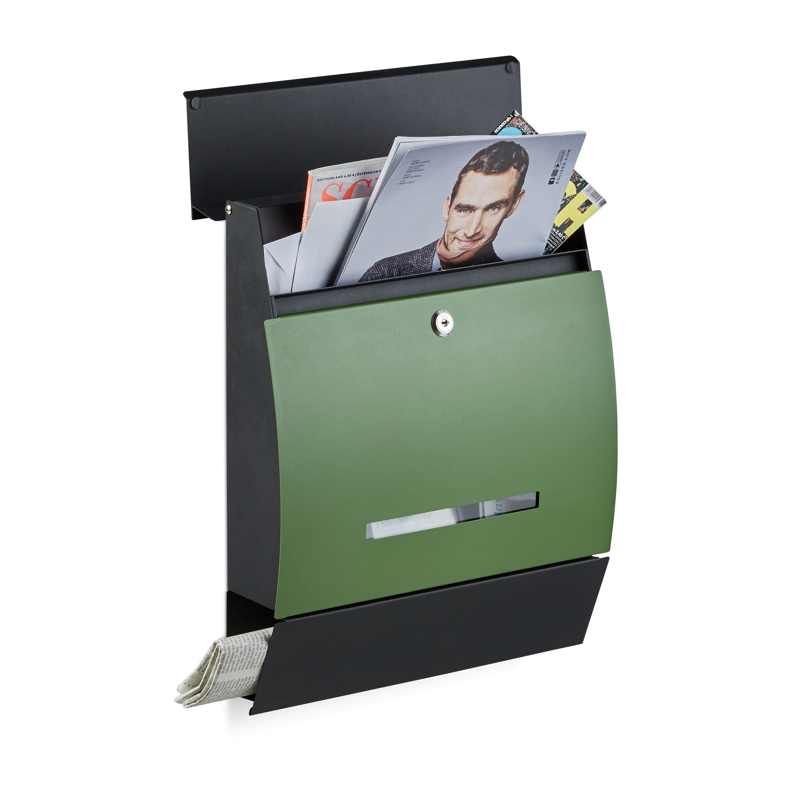 relaxdays Briefkasten Design Briefkasten mit Zeitungsfach, Schwarz-Grün Schwarz Grün