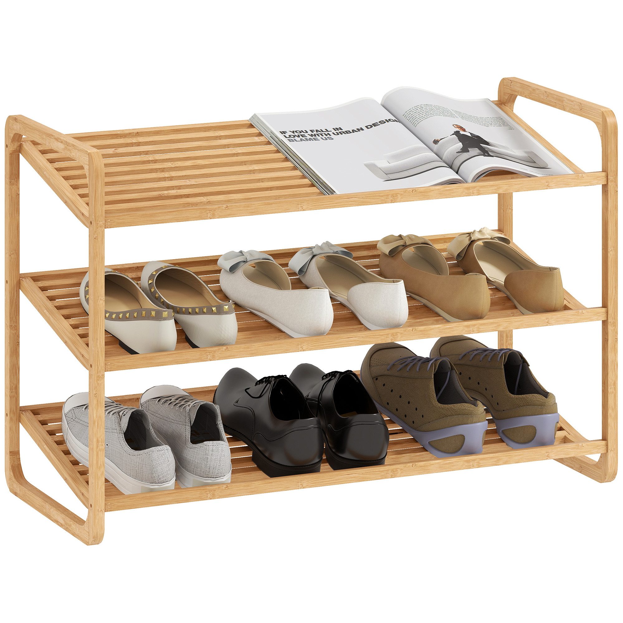 HOMCOM Standregal 3-stöckiges Schuhregal aus Bambus, freistehendes Aufbewahrungsregal für 12 Paar Schuhe 1-tlg., Schuhregalständer für Flur, Wohnzimmer, 76 x 33 x 50,8 cm, Naturholz