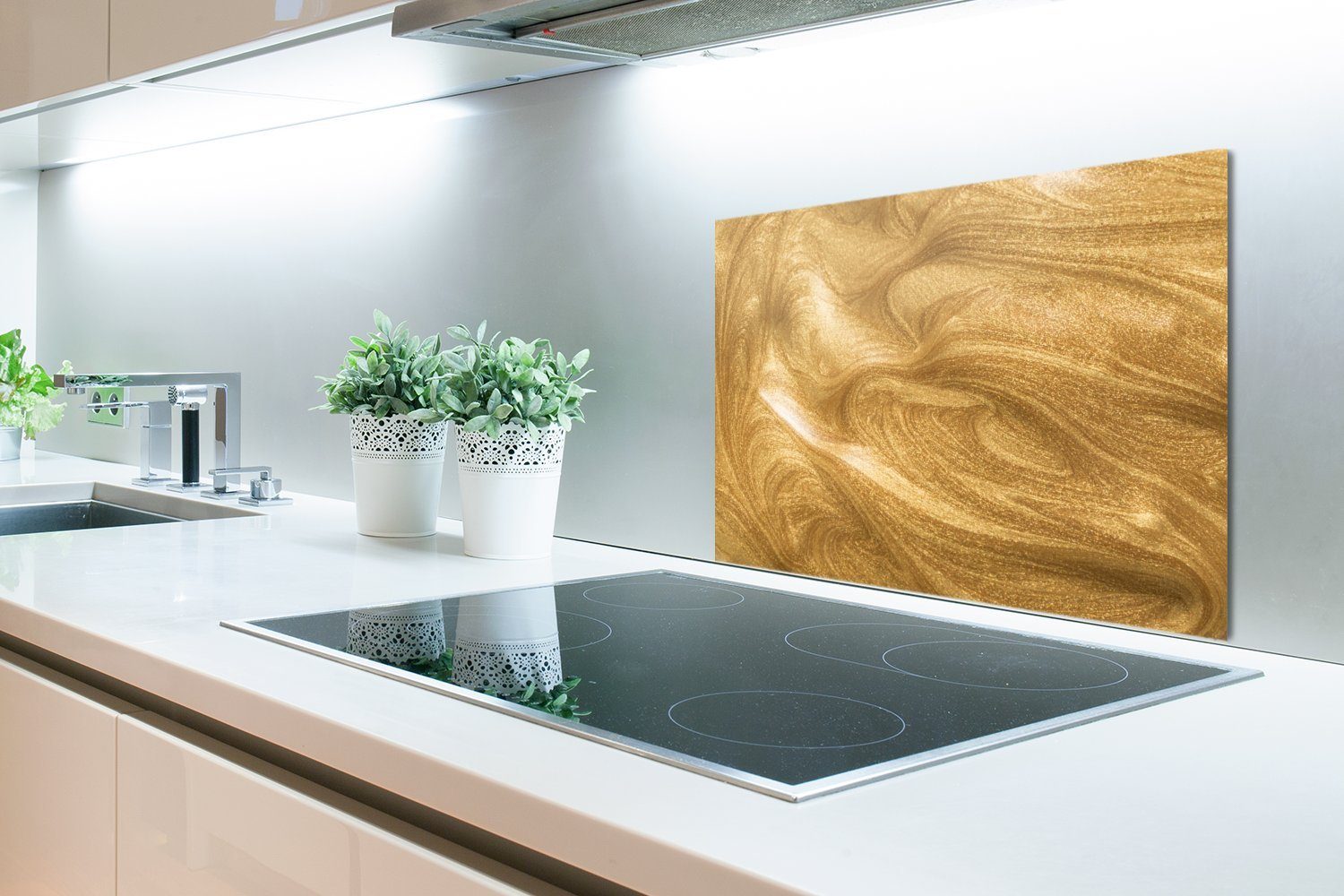 MuchoWow Küchenrückwand Ein goldener Hintergrund cm, Temperaturbeständig Herdblende mit 60x40 (1-tlg), Wandschutz, küchen Glitzern, aus