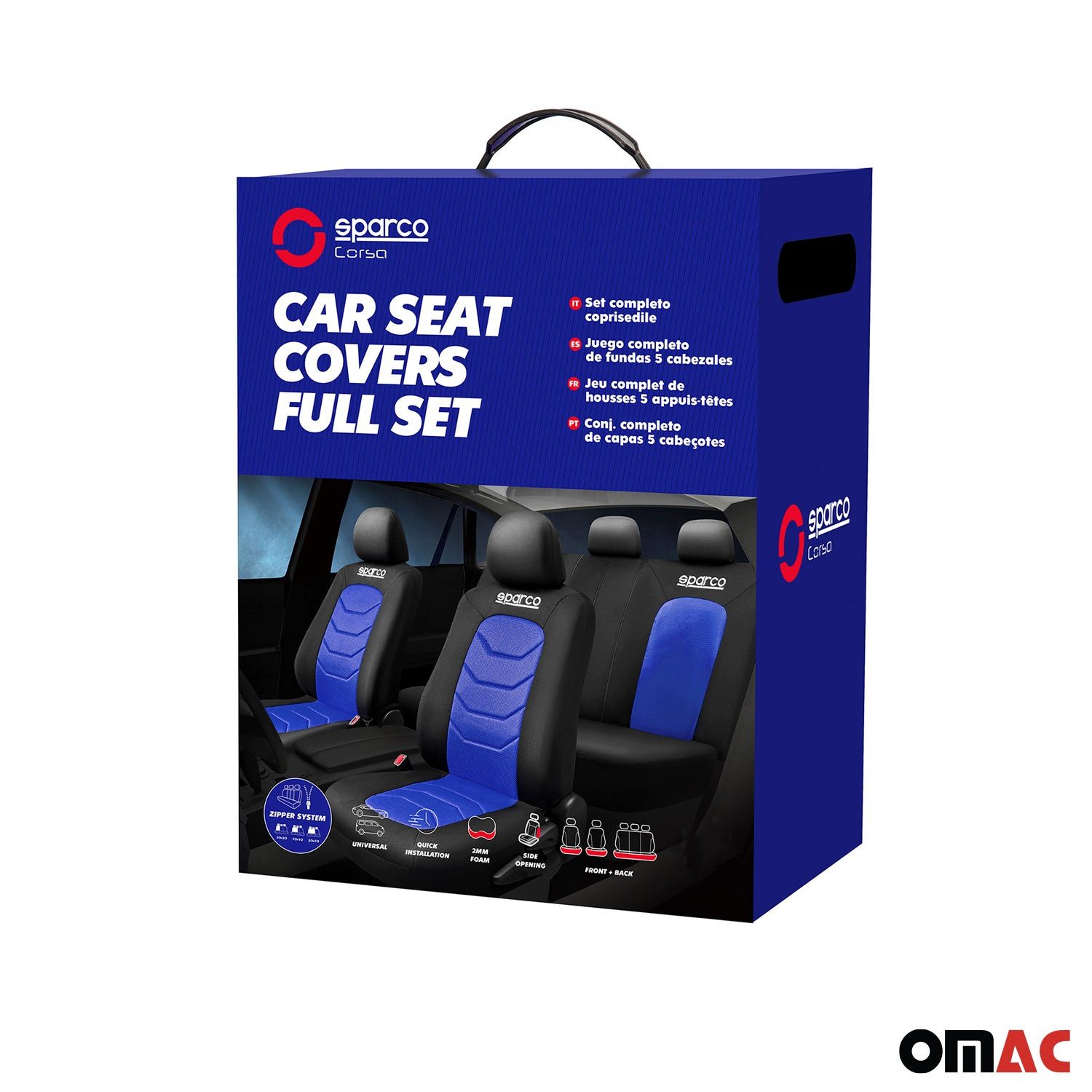 OMAC Car Seat Cover SPARCO Protective Covers Universal Blue Front Rear, Breathable, Compatible with Side Airbags