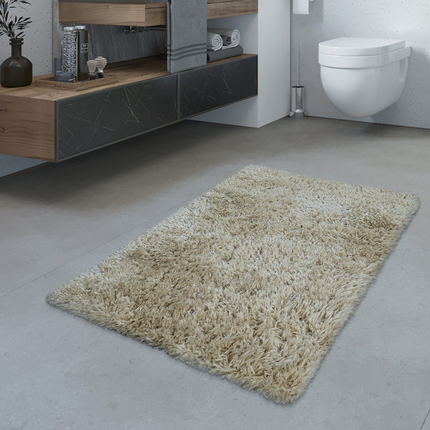 Fußmatte Badezimmer Teppich Hochflor Badematte Modern Kuschelig Weich Uni  Beige, TT Home, rechteckig, Höhe: 44 mm