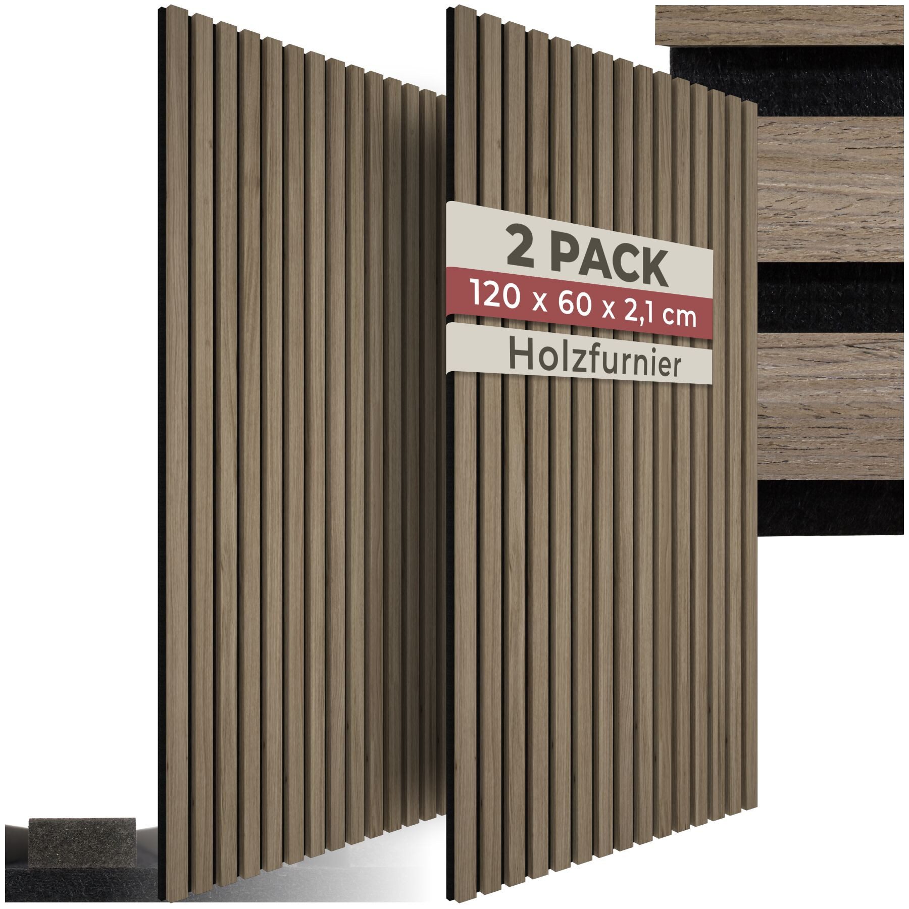 tectake Wandpaneel Akustikpaneele aus MDF und Echtholzfurnier - Eiche dunkel, BxL: 60x120 cm, 0.72 qm, (Holzpaneele Sonic Wall, 2-tlg., Größe flexibel anpassbar) schallabsorbierender Filz, einfache Montage mit Kleber oder Schrauben