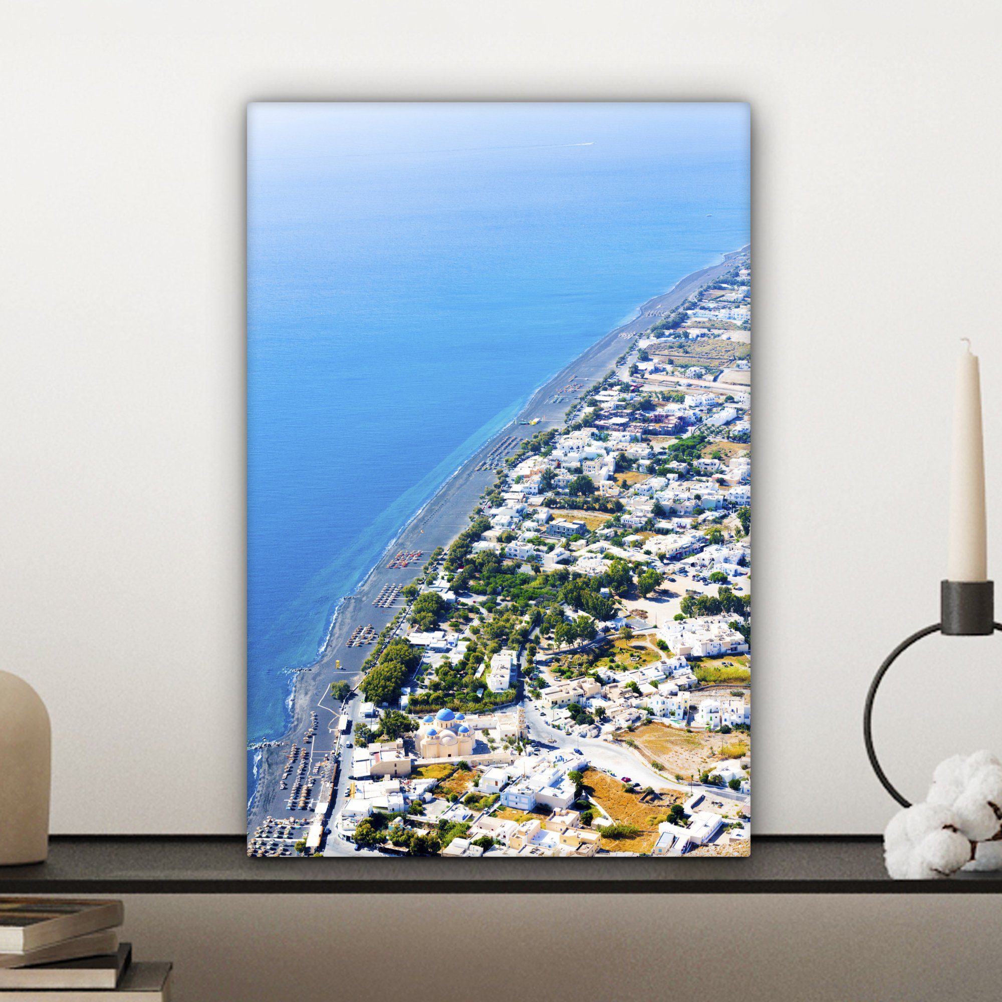 OneMillionCanvasses® Leinwandbild Luftaufnahme der Küste fertig Gemälde, bespannt cm Santorin Leinwandbild 20x30 Griechenland, St), inkl. Zackenaufhänger, von (1