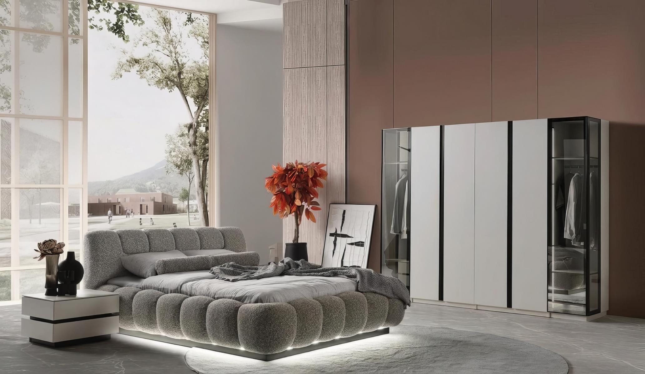JVmoebel Komplettschlafzimmer *Bett Schlafzimmer Set Schrank Nachttisch Modern Grau Luxus Garnitur, (4-tlg), Made in Europa
