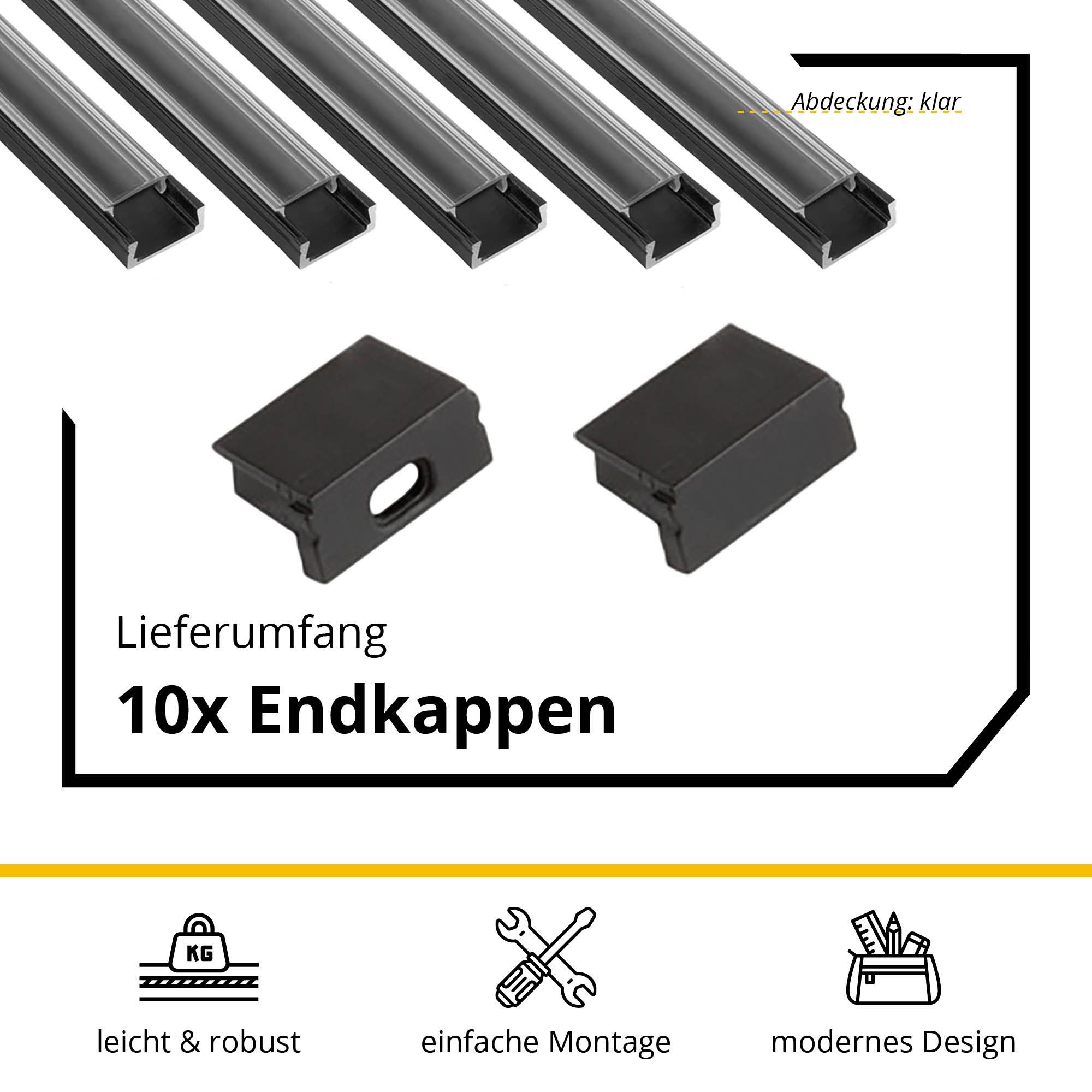 tktrading24 LED-Stripe-Profil 5x A15 LED Profil 2m - Schwarz inkl. Abdeckung, Halter & Endkappen – Bild 3 von 5