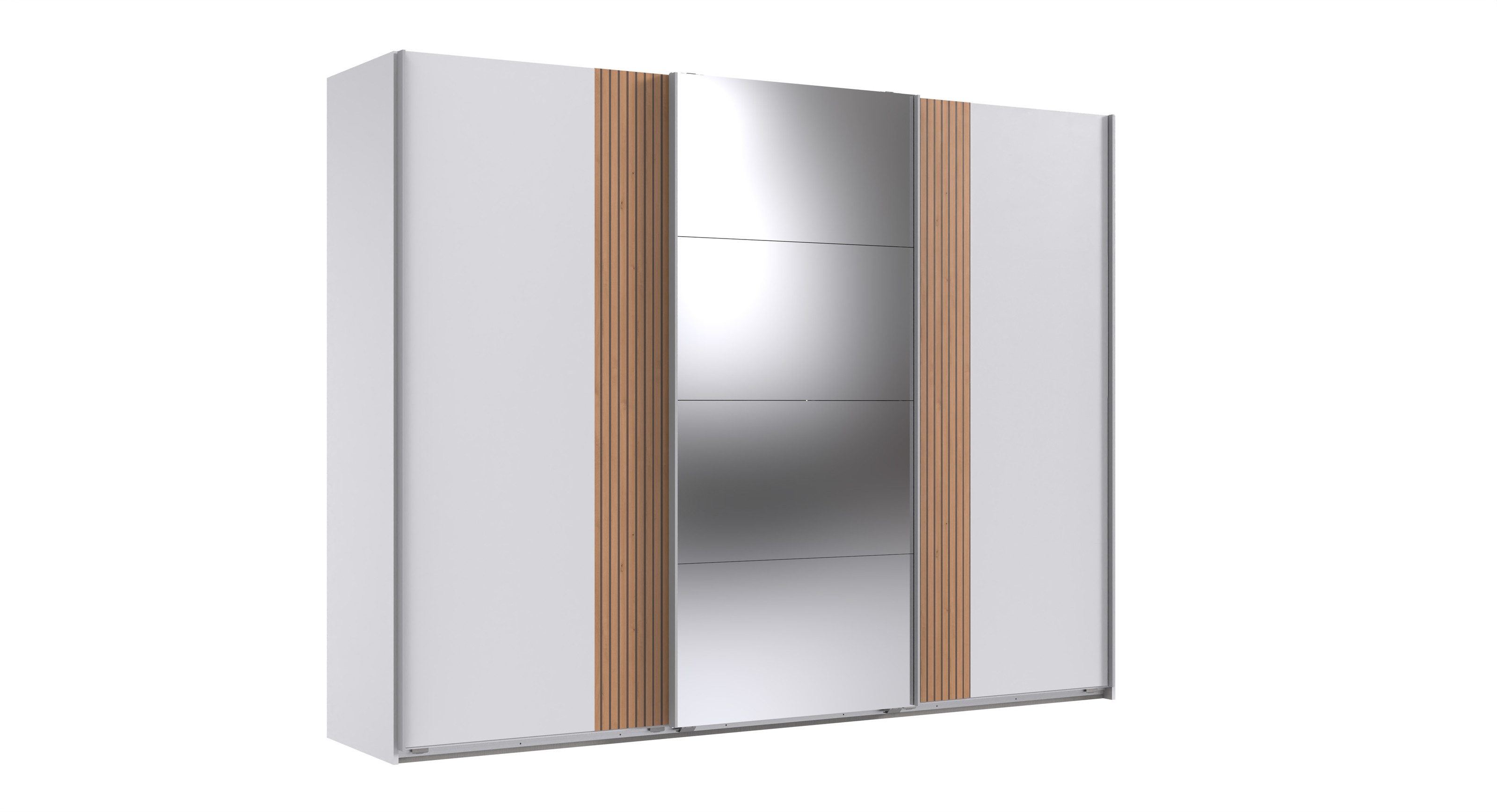 Wimex Schwebetürenschrank Spiegel, Weiß / Akustiklamelle Artisan Eiche - 270x208x64cm (BxHxT)