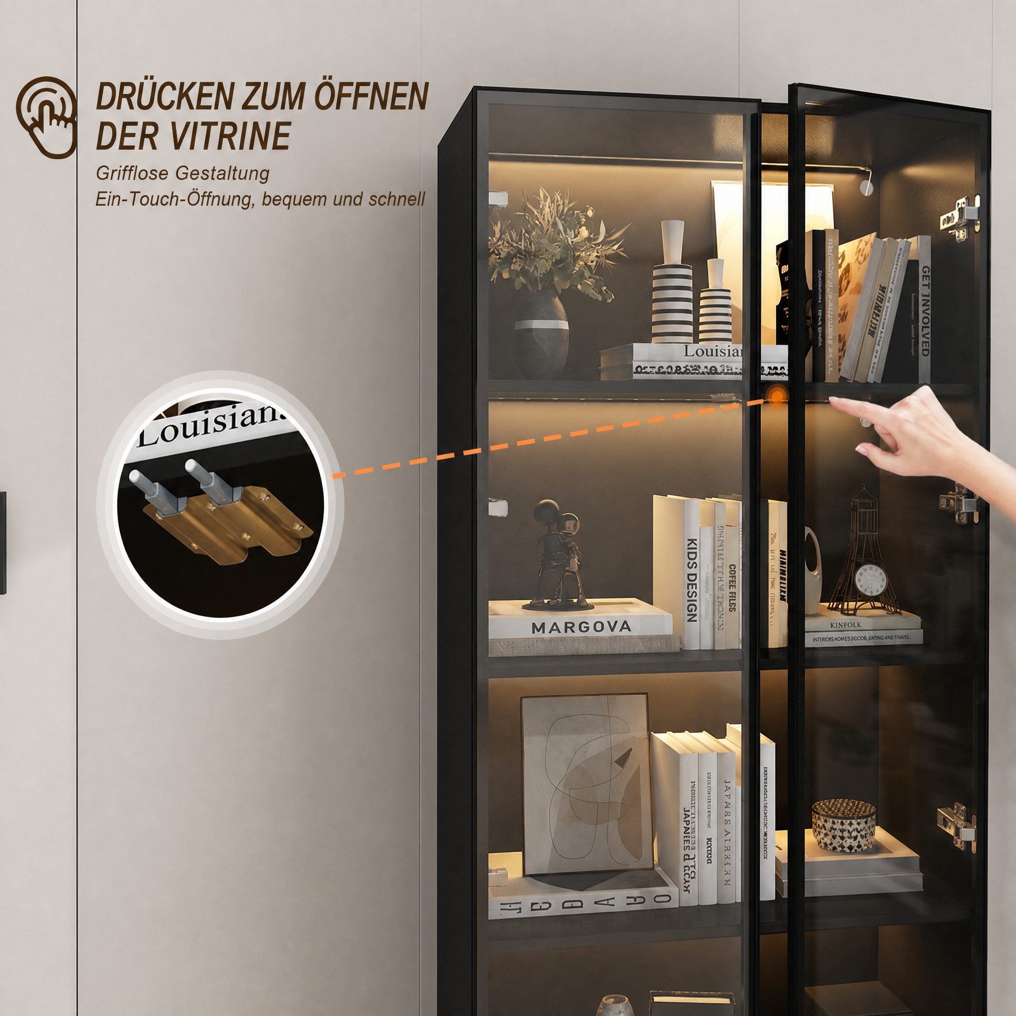FUFU&GAGA Glasvitrine Vitrine mit Glastüren und LED-Beleuchtung, MDF+Glas, 80×40×160 cm – Bild 5 von 5