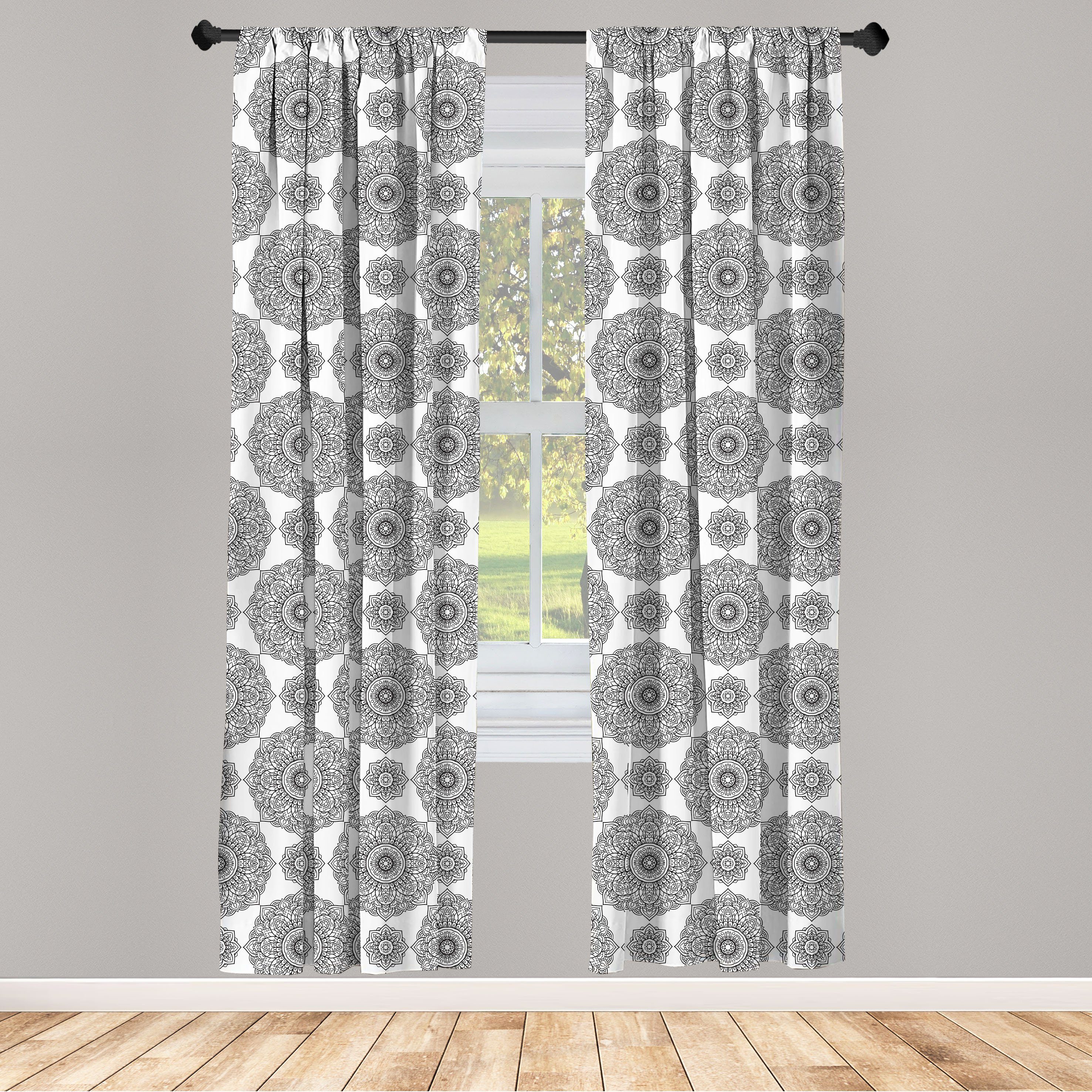 Gardine Vorhang für Wohnzimmer Schlafzimmer und Blätter Blüten Dekor, Eastern Mandala Abakuhaus, Microfaser