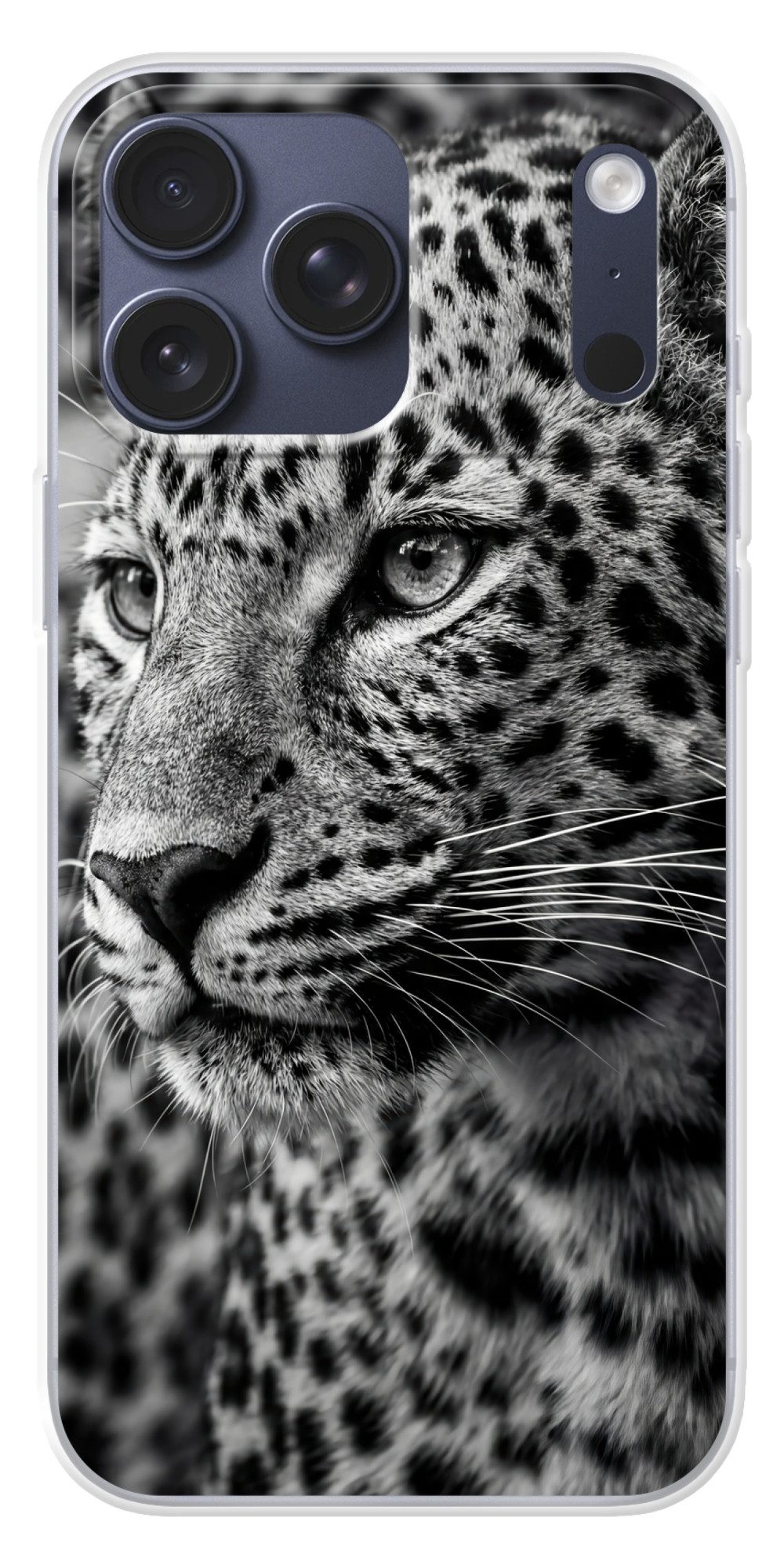 MuchoWow Handyhülle für Apple iPhone 17 Pro Max Leopard - Schwarz - Weiß - Auge, Smartphone-Bumper, Print, Handy Schutzhülle Dünn