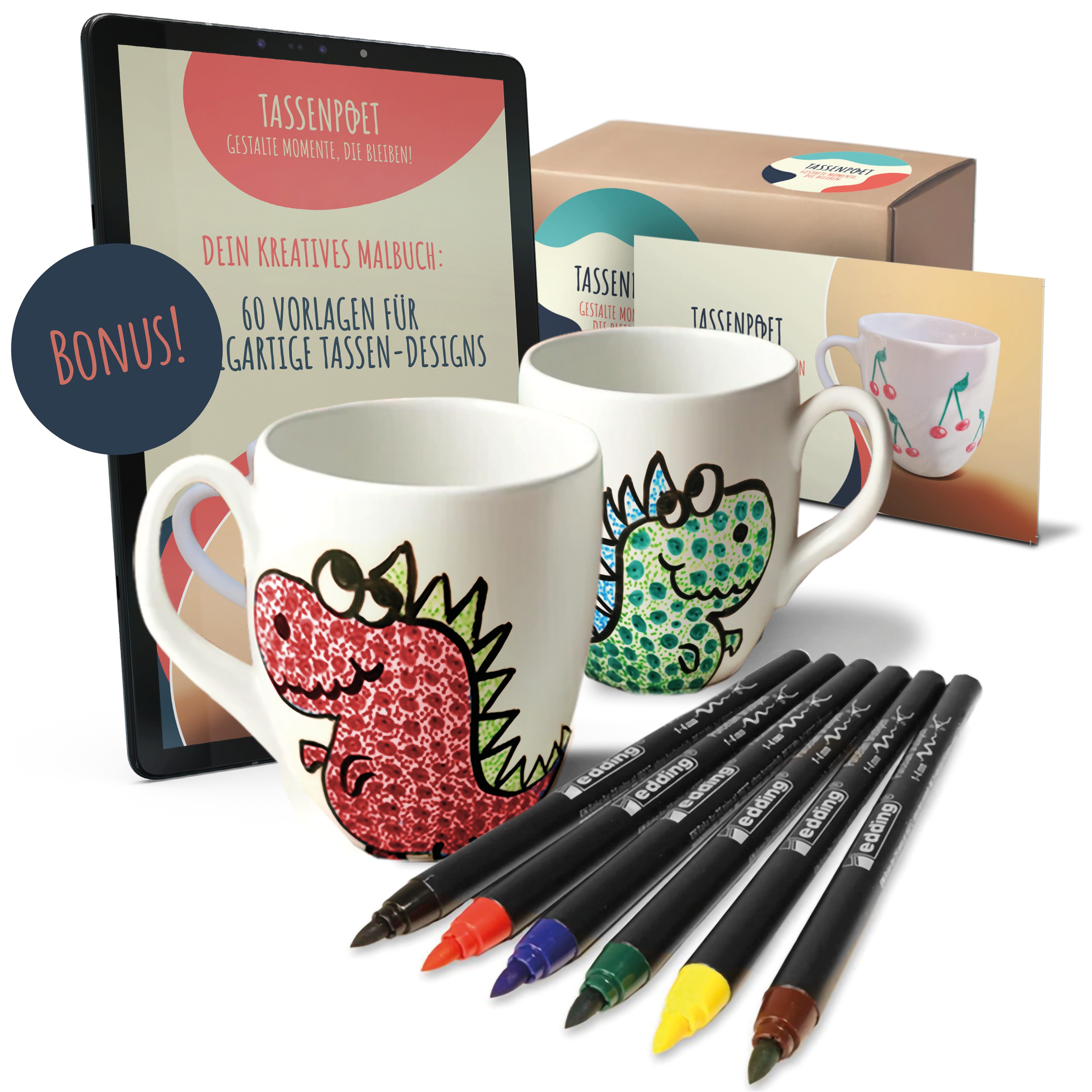 Veluxis Tasse TassenPoet Malset mit 2 Tassen (400 ml) & 6 edding Porzellanmalstiften, DIY Tassen zum bemalen - Kreatives Geschenk für Kinder & Erwachsene