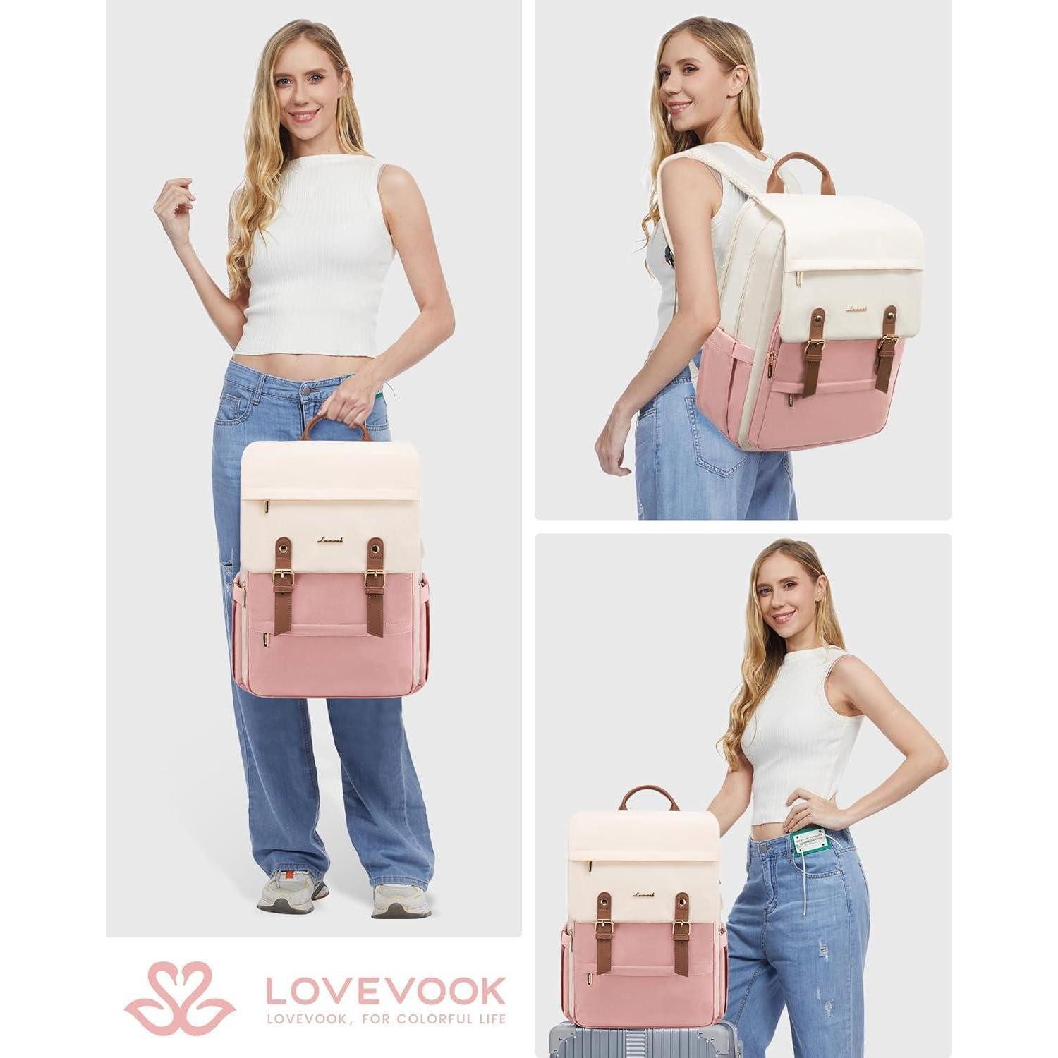 LuxusKollektion Laptoprucksack Rucksack Damen Laptop wasserdicht Schulrucksack 15.6 Zoll Beige & Rosa